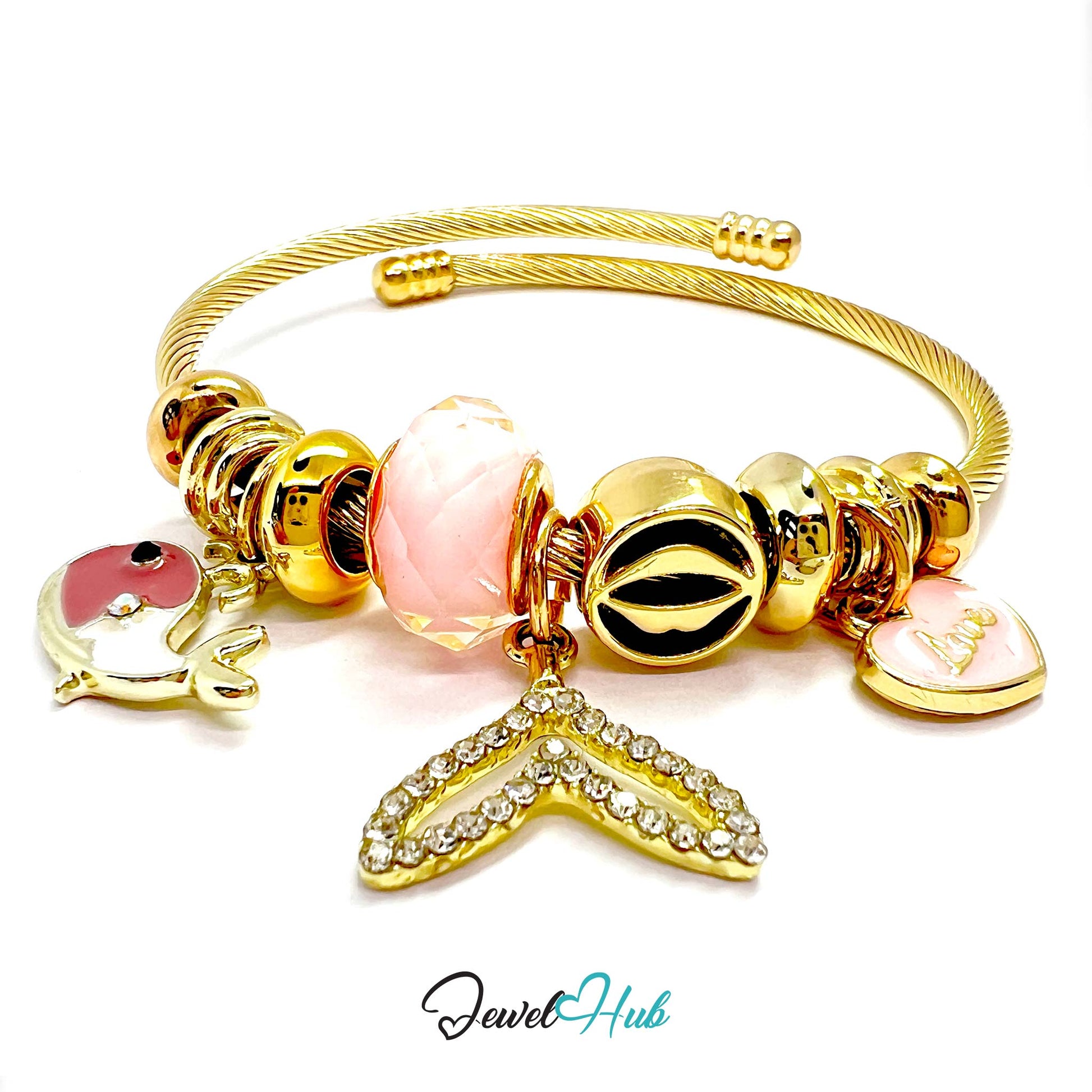 Gold bracelet with various charms on a white background, branded 'Jewel Hub'.