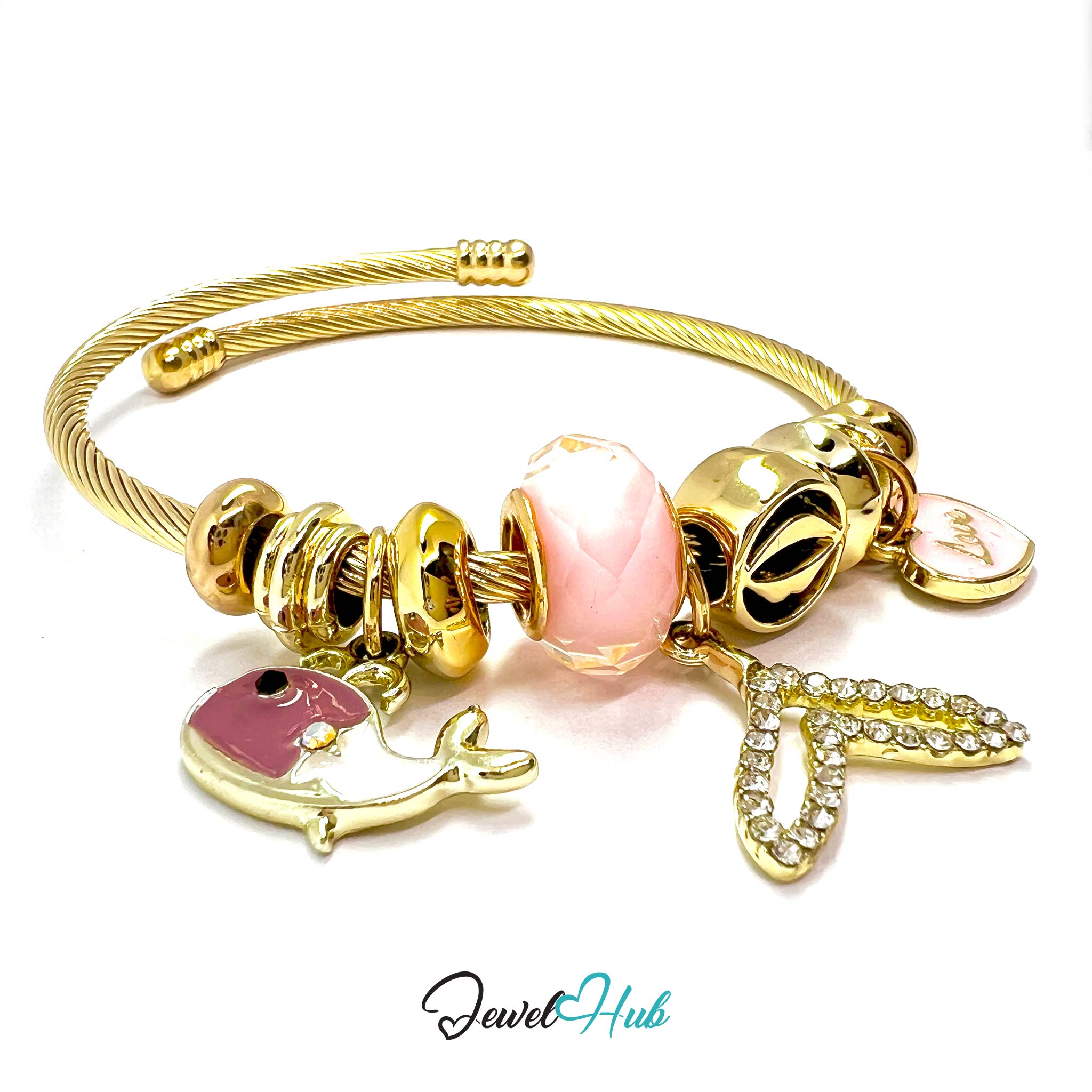 Gold bracelet with charms on a white background, branded 'Jewel Hub'.