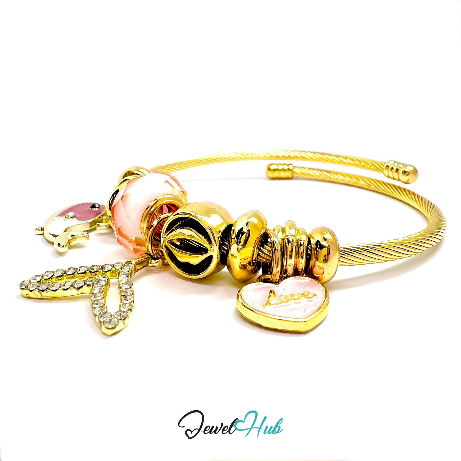 Gold bracelet with charms on a white background, branded 'Jewel Hub'.