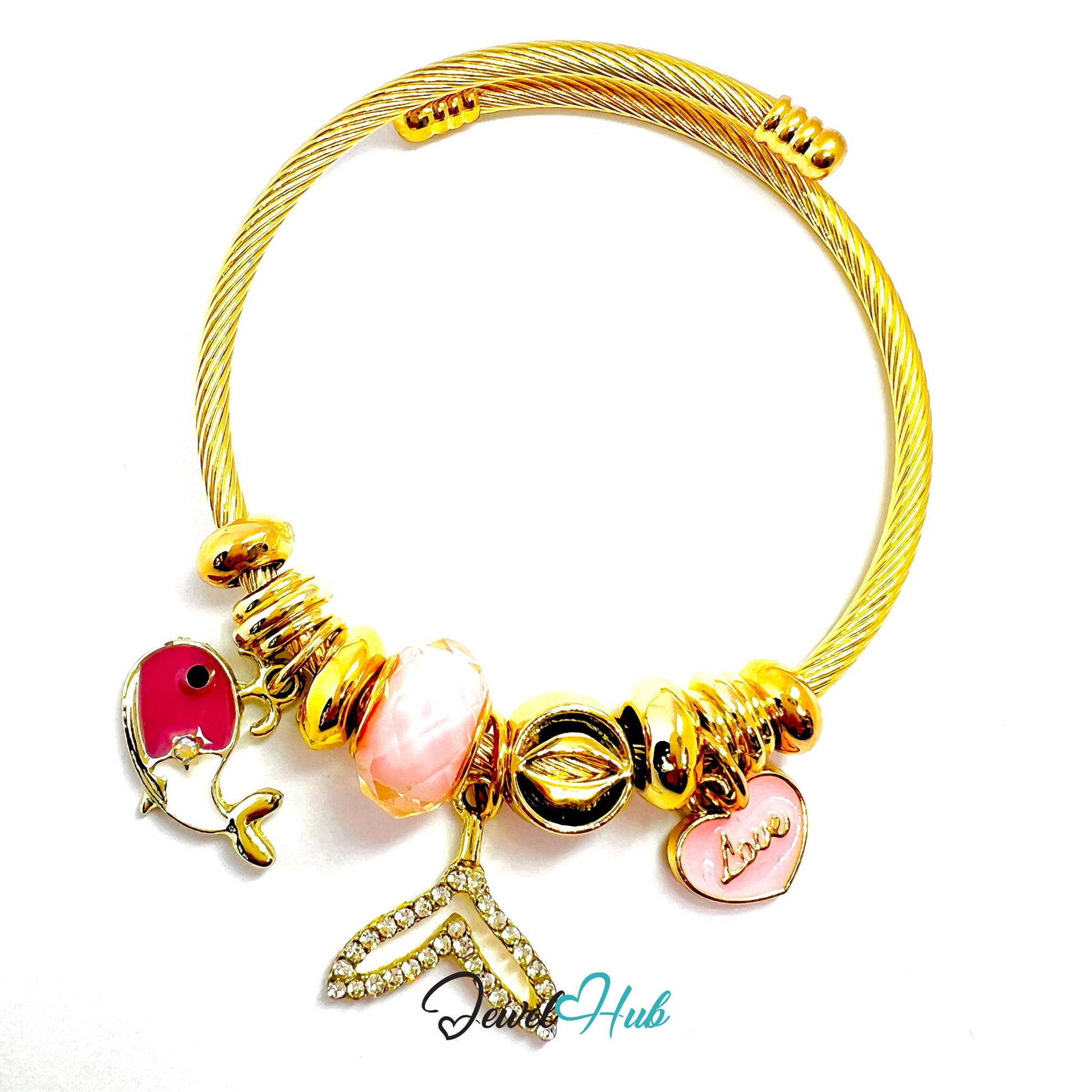 Gold bracelet with colorful charms on a white background, branded 'Jewel Hub'.