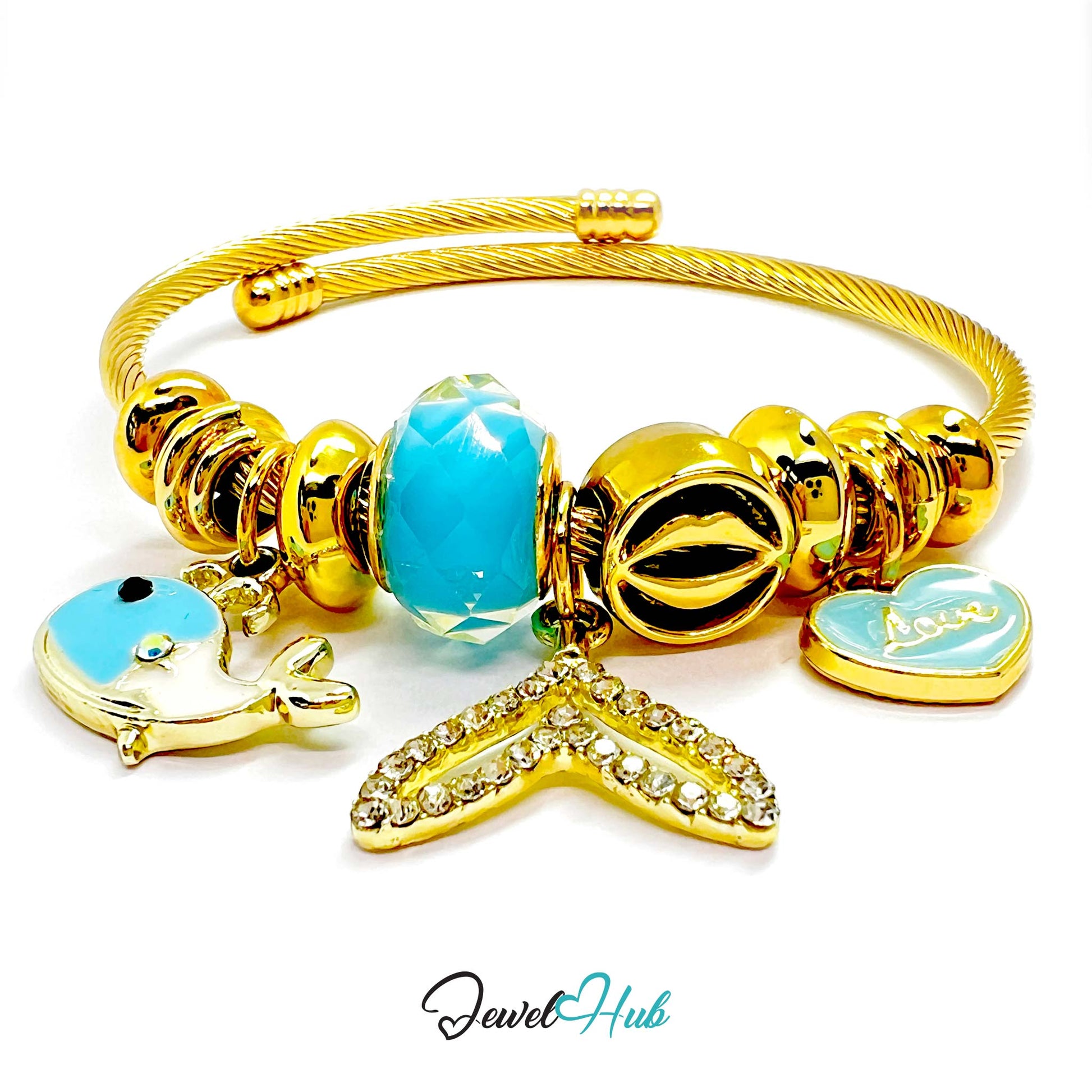 Gold bracelet with blue beads and charms on a white background, featuring the brand 'Jewel Hub'.