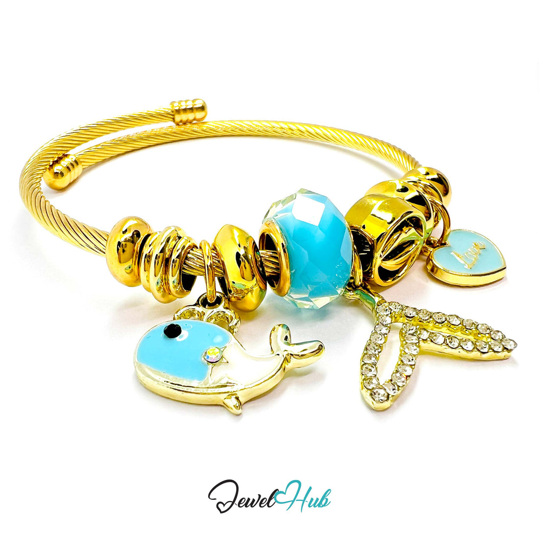 Gold bracelet with blue beads and charms on a white background, featuring the brand 'Jewel Hub'.