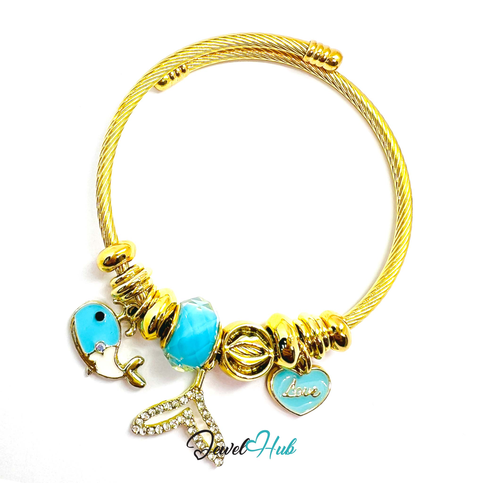 Gold bracelet with blue charms on a white background