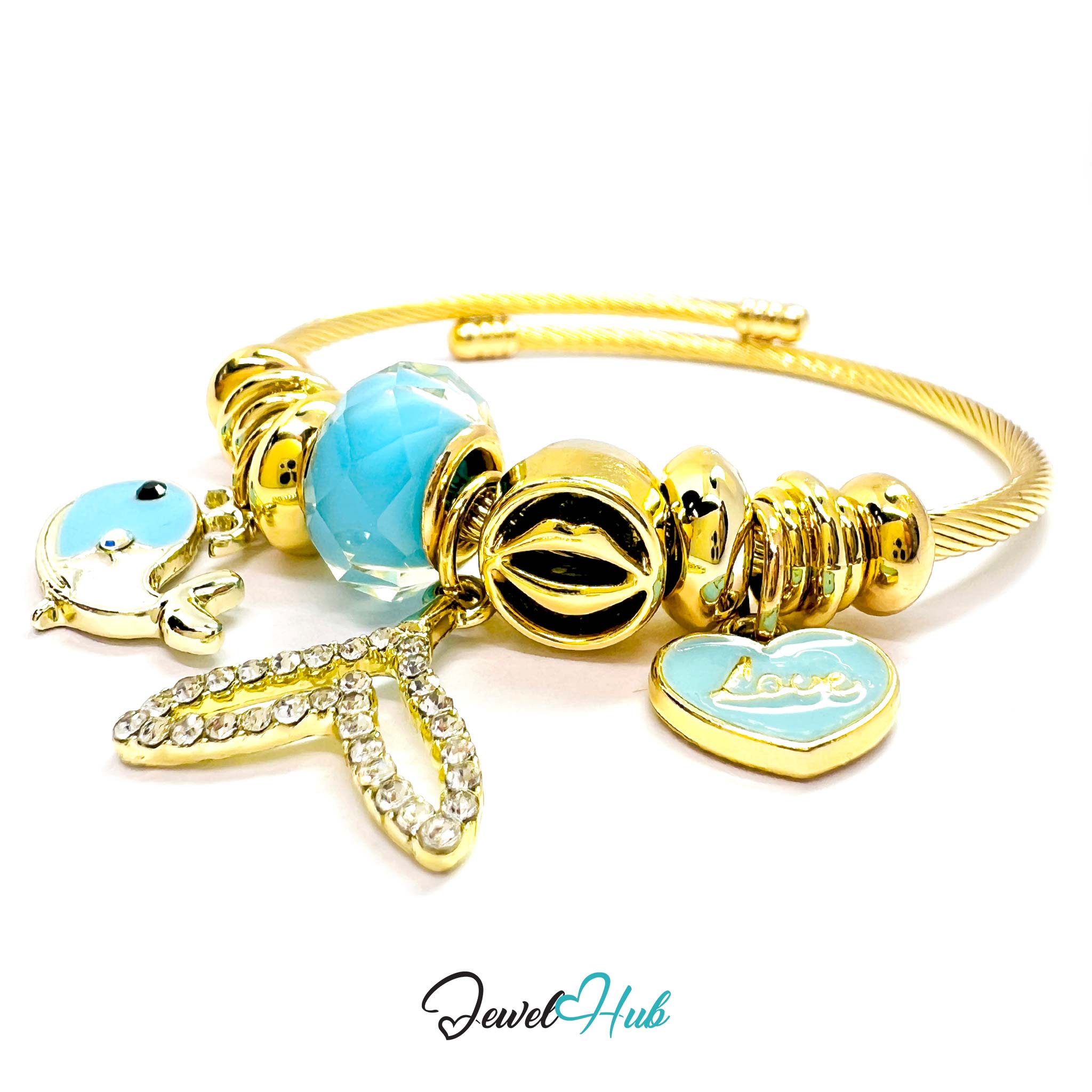Gold bracelet with blue heart charm and dolphin charm on a white background, branded 'Jewel Hub'.