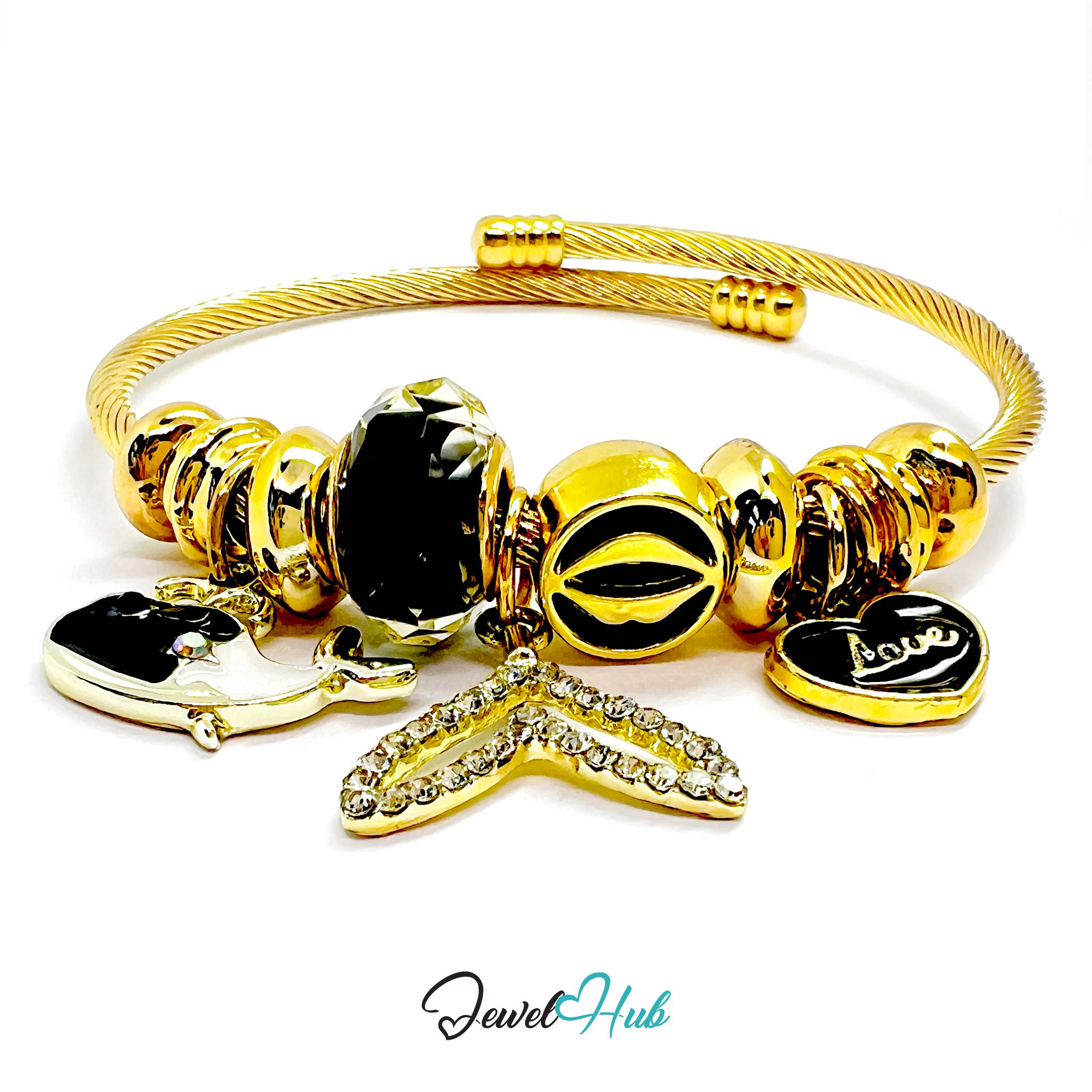 Gold bracelet with various charms on a white background, branded 'Jewel Hub'.