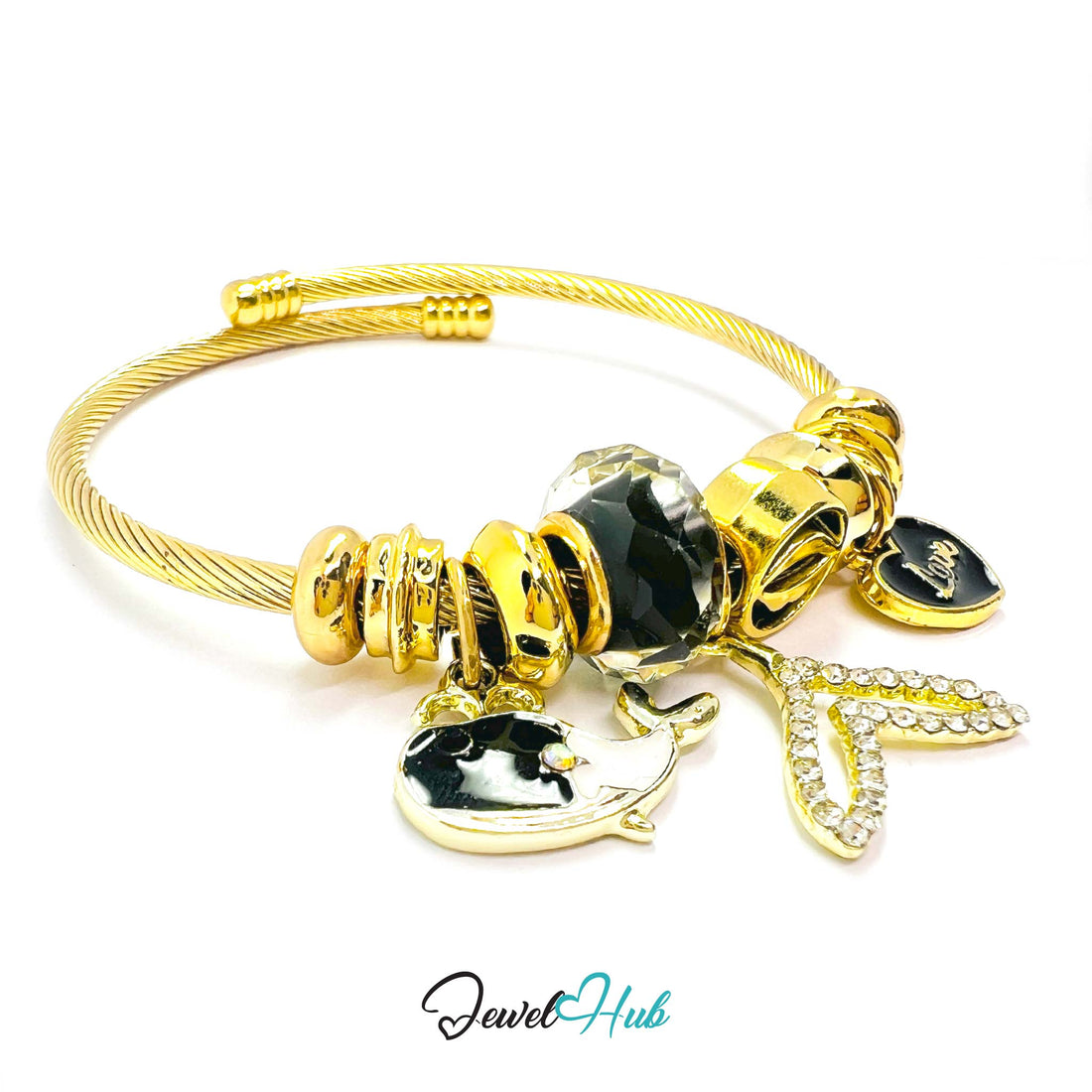 Gold bracelet with various charms on a white background, branded 'Jewel Hub'.