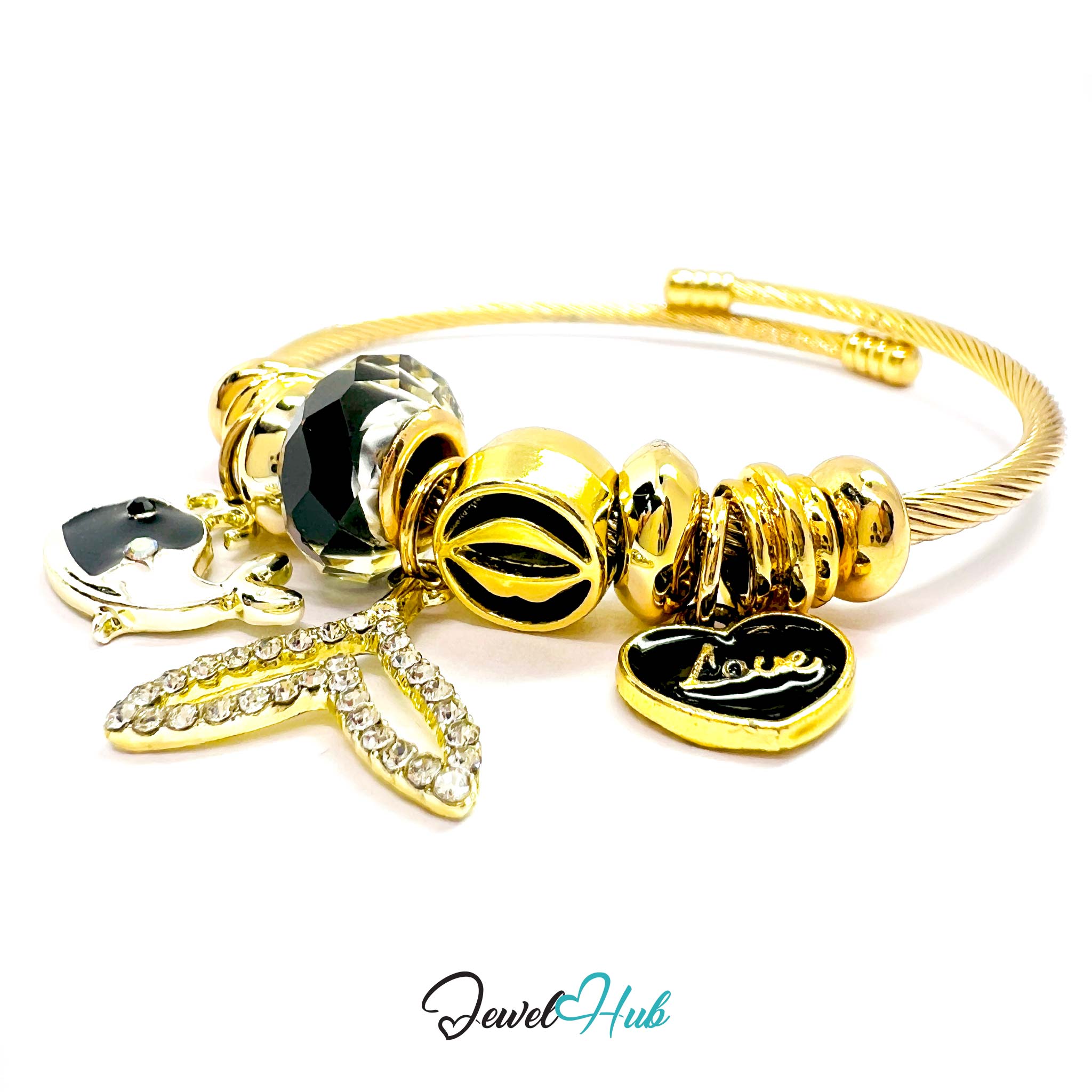 Gold bracelet with various charms on a white background, branded 'Jewel Hub'.