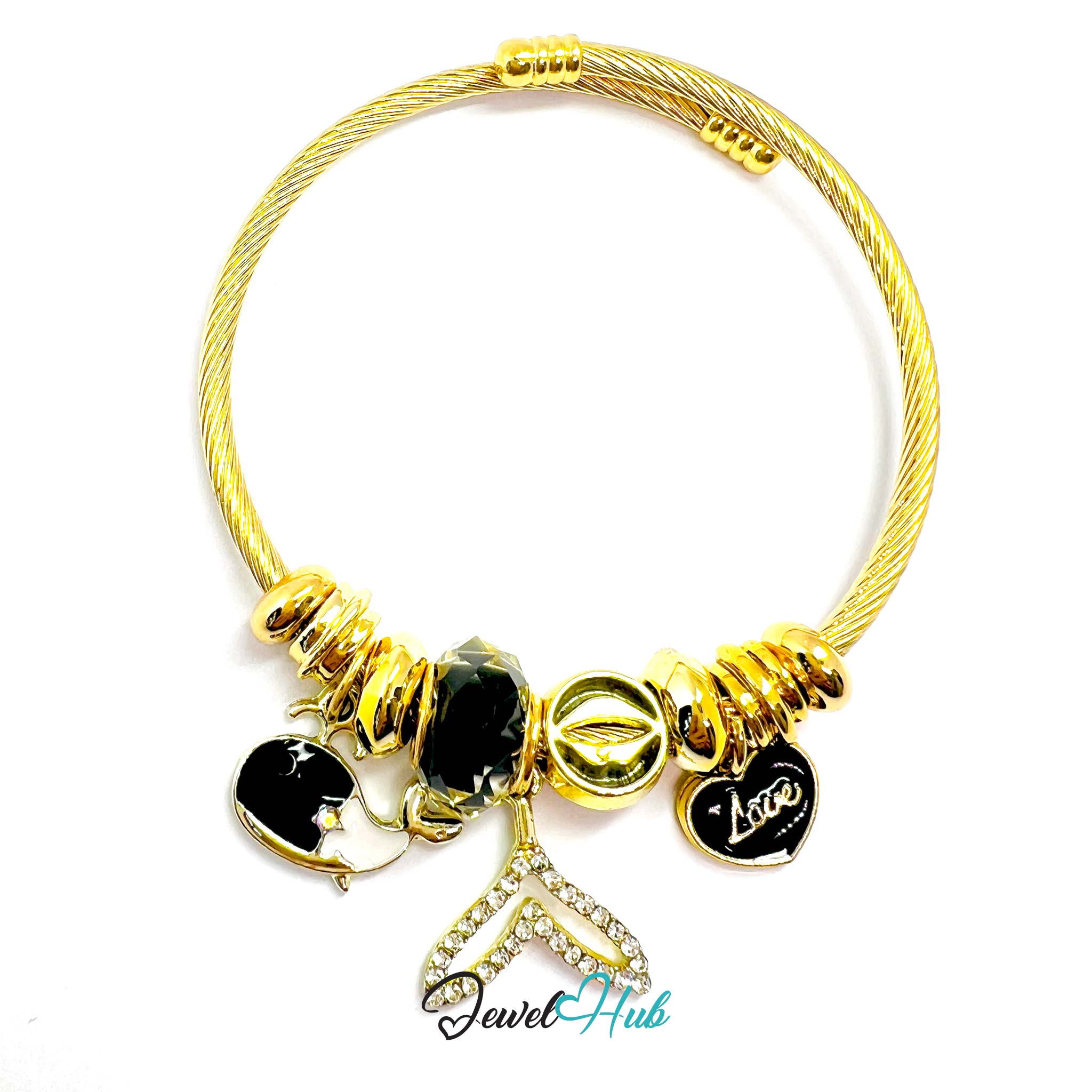 Gold bracelet with charms on a white background