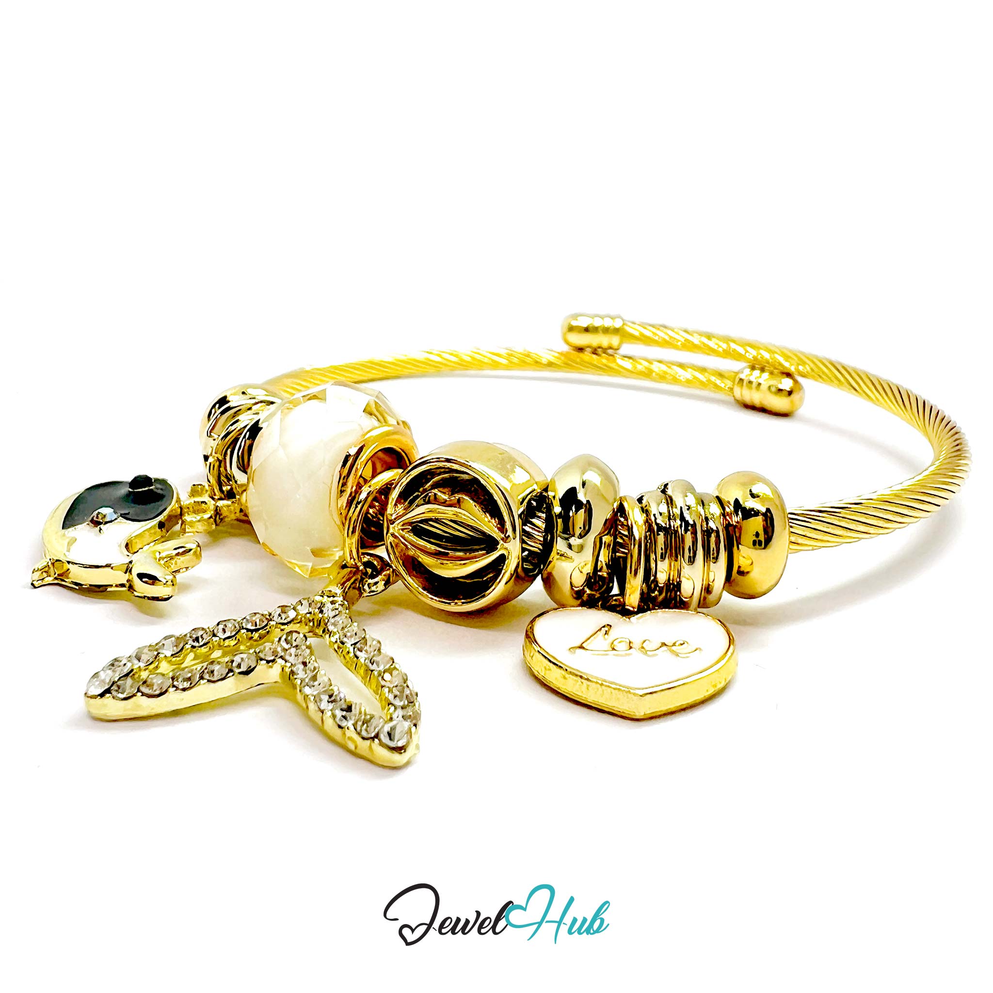 Gold bracelet with charms on a white background, branded 'Jewel Hub'.