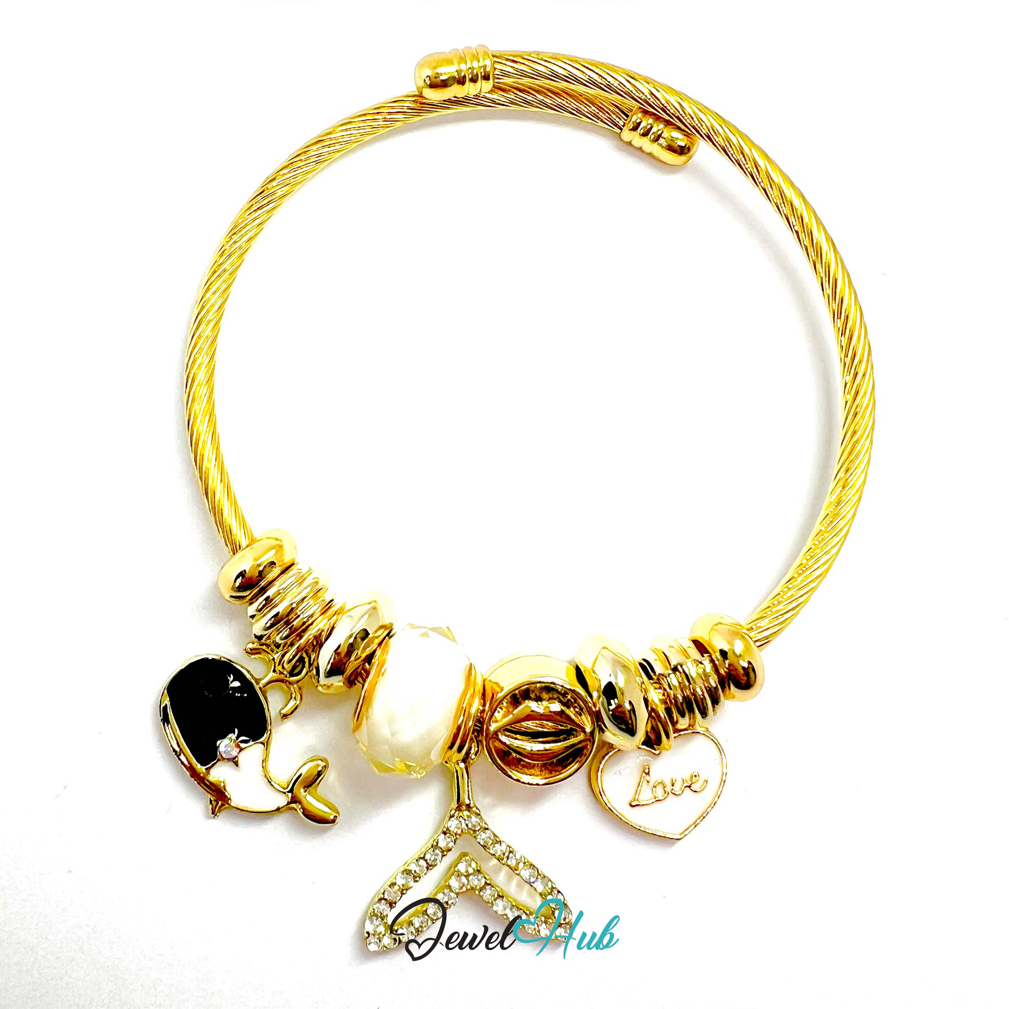 Gold bracelet with charms on a white background, branded 'Jewel Hub'.