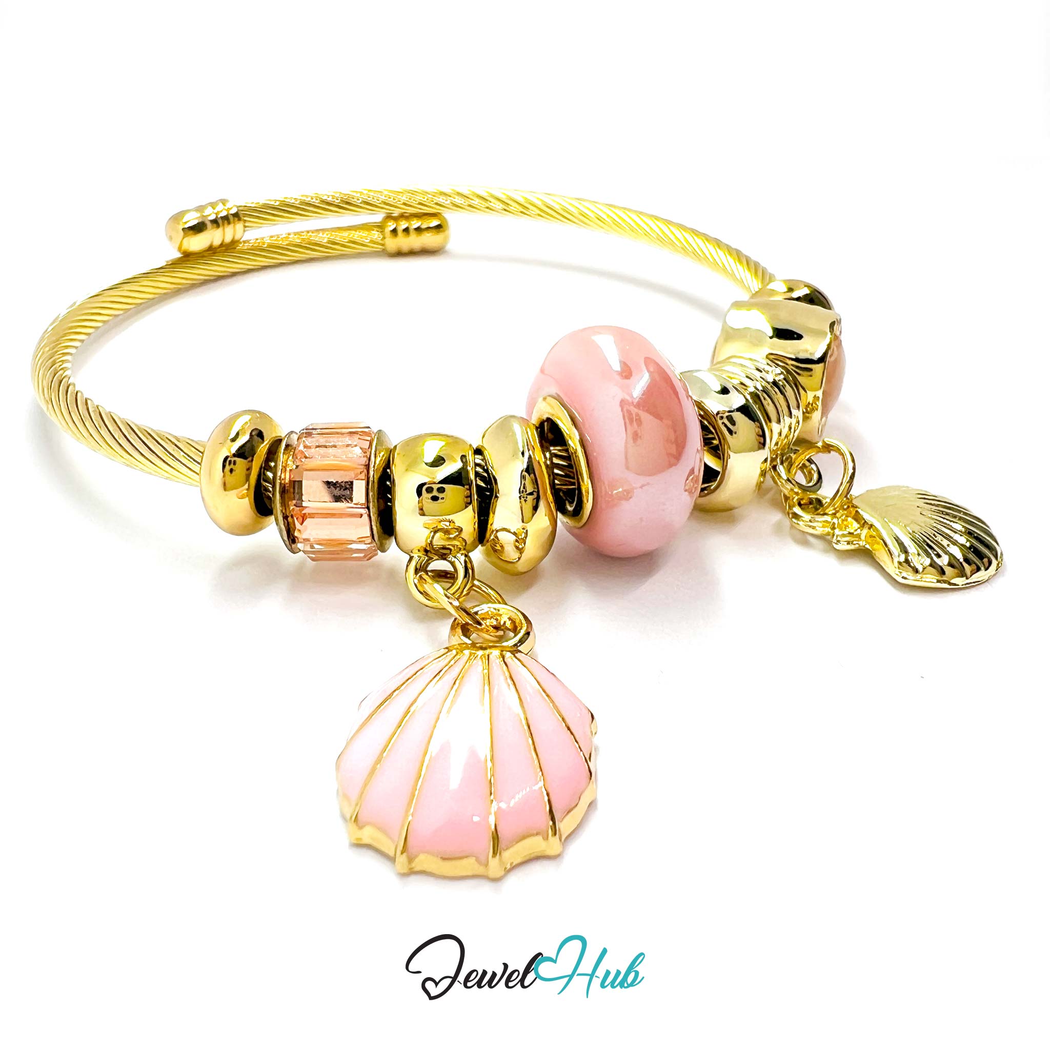 Gold bracelet with pink beads and shell charms on a white background, branded 'Jewel Hub'.
