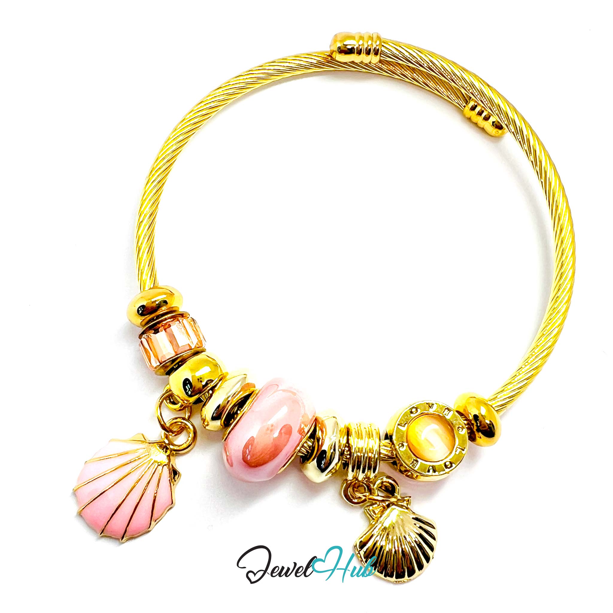 Gold bracelet with pink shell charms on a white background