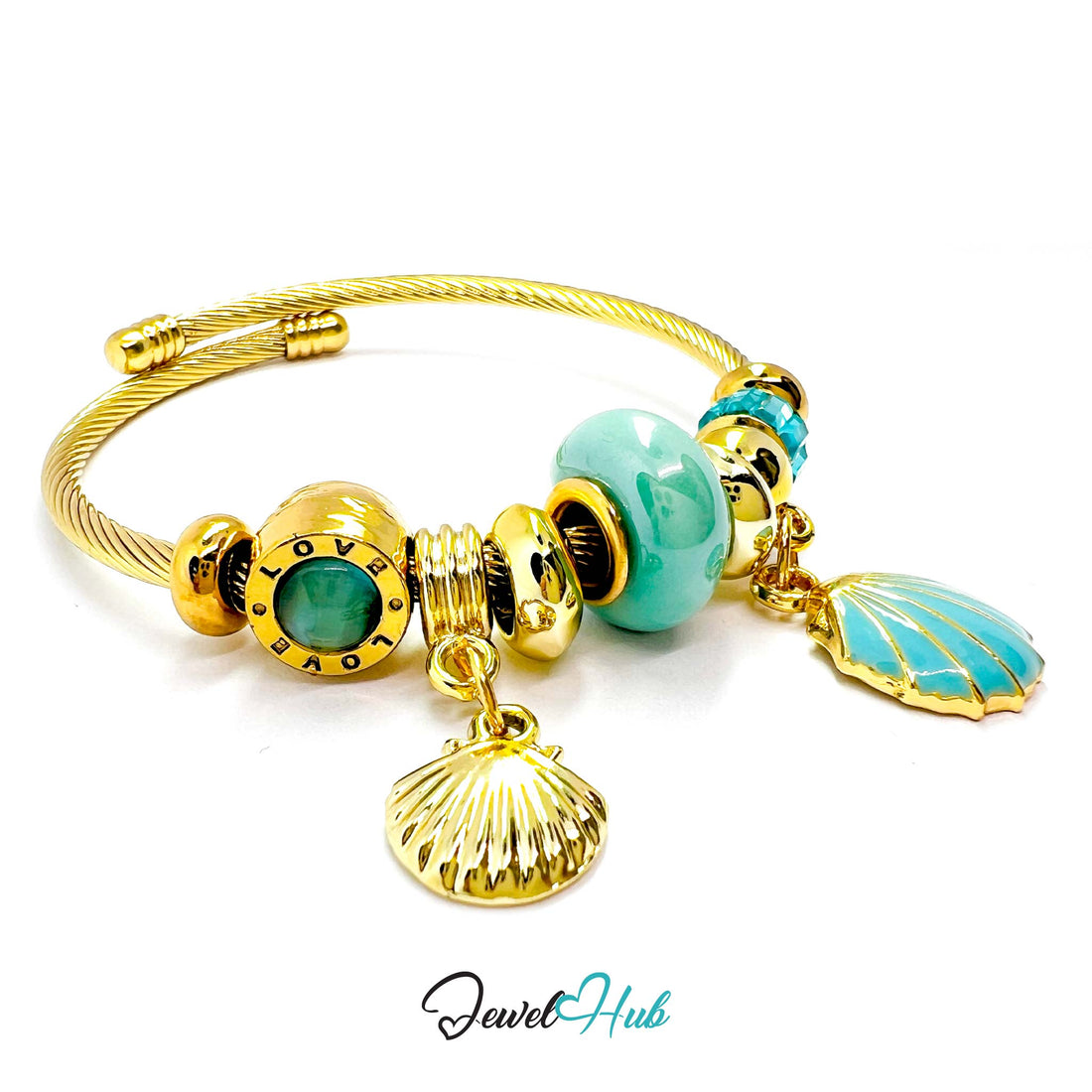 Gold and turquoise bracelet with shell charms on a white background, branded 'Jewel Hub'.
