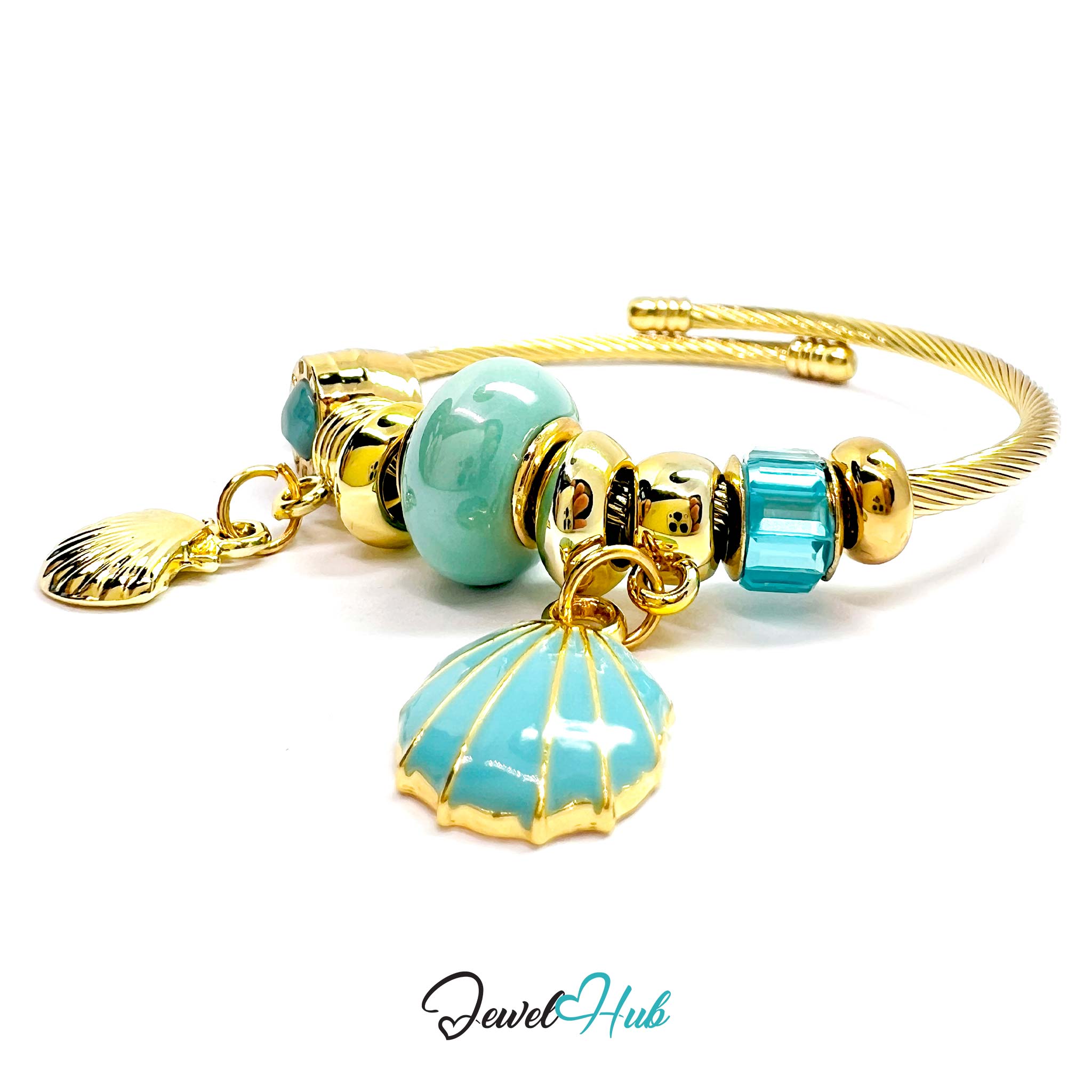Gold and turquoise bracelet with shell charm on a white background, branded 'Jewel Hub'.