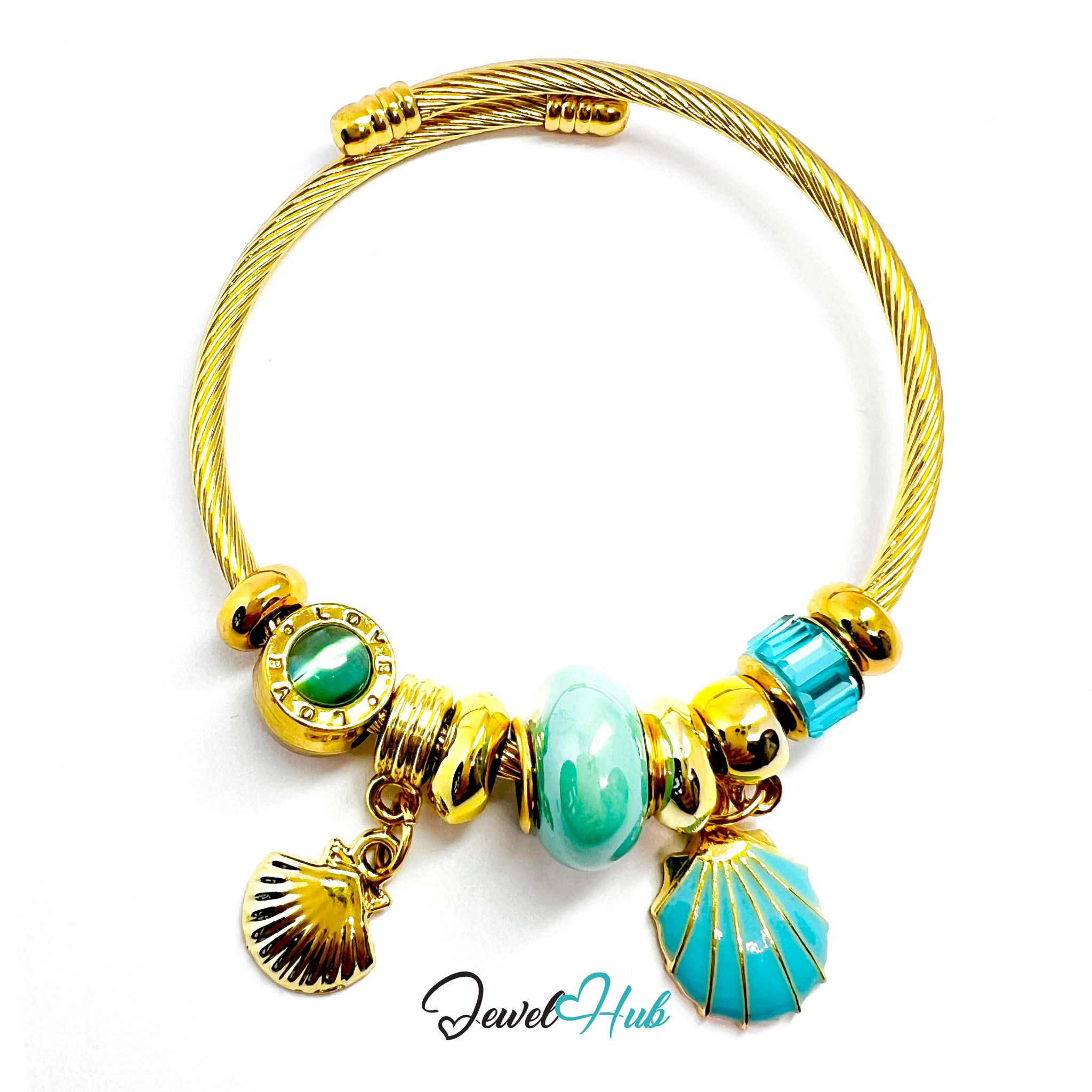 Gold bracelet with turquoise beads and shell charms on a white background, branded 'Jewel Hub'.