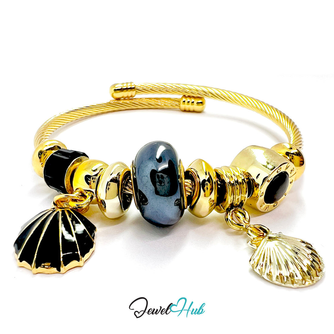 Gold bracelet with black and gold charms on a white background, branded 'Jewel Hub'.