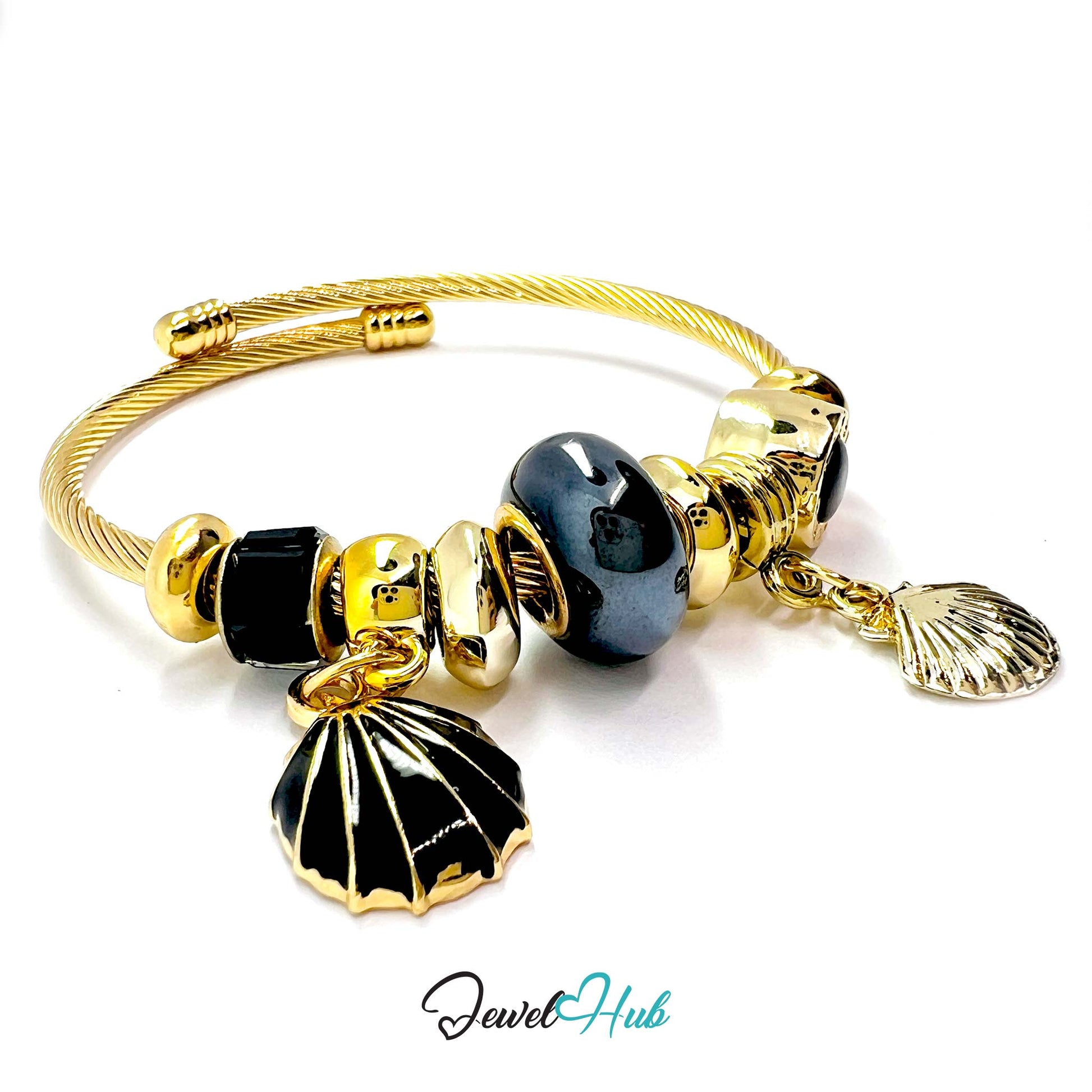 Gold and black beaded bracelet with shell charms on a white background, branded 'Jewel Hub'.