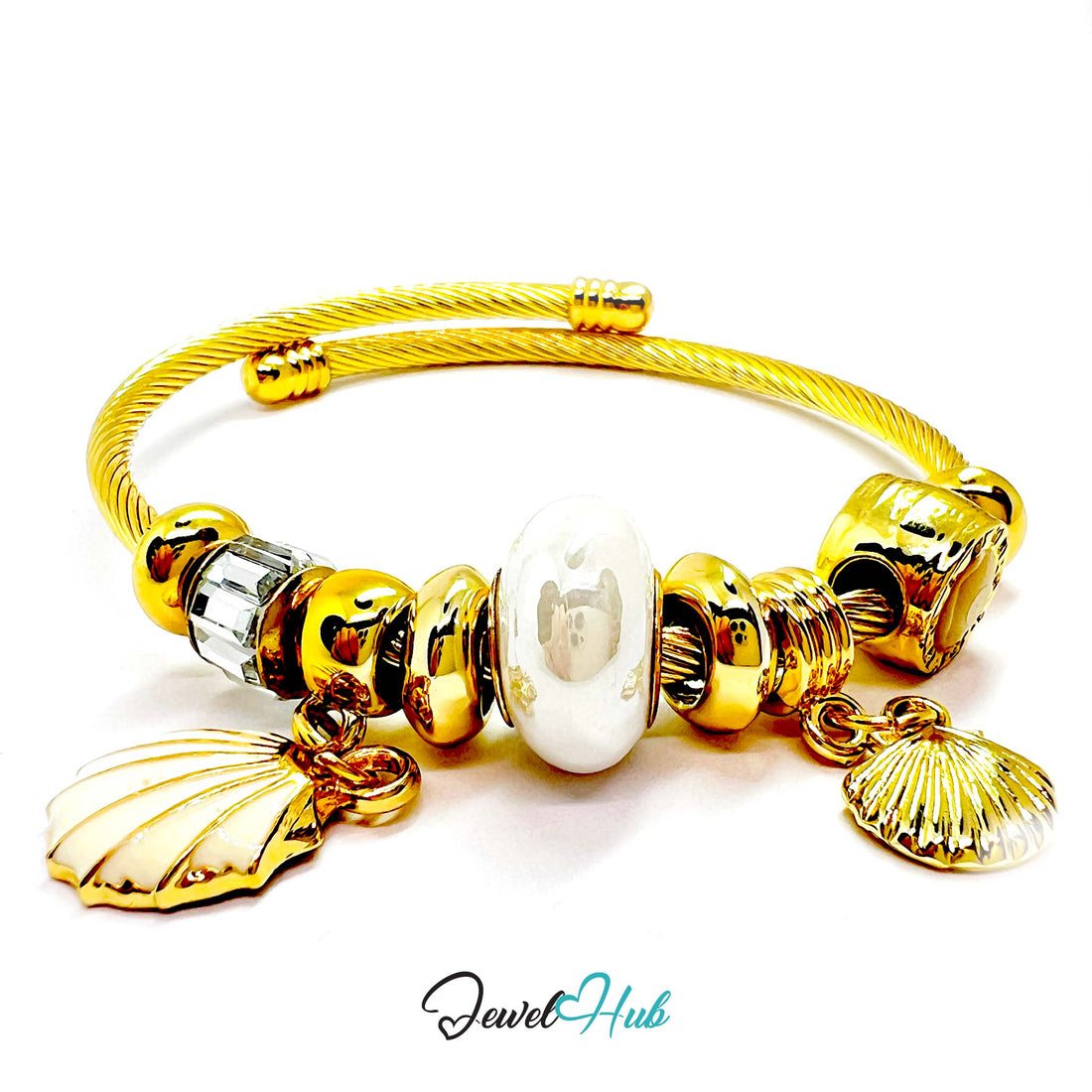 Gold bracelet with shell and bead charms on a white background, branded 'Jewel Hub'.