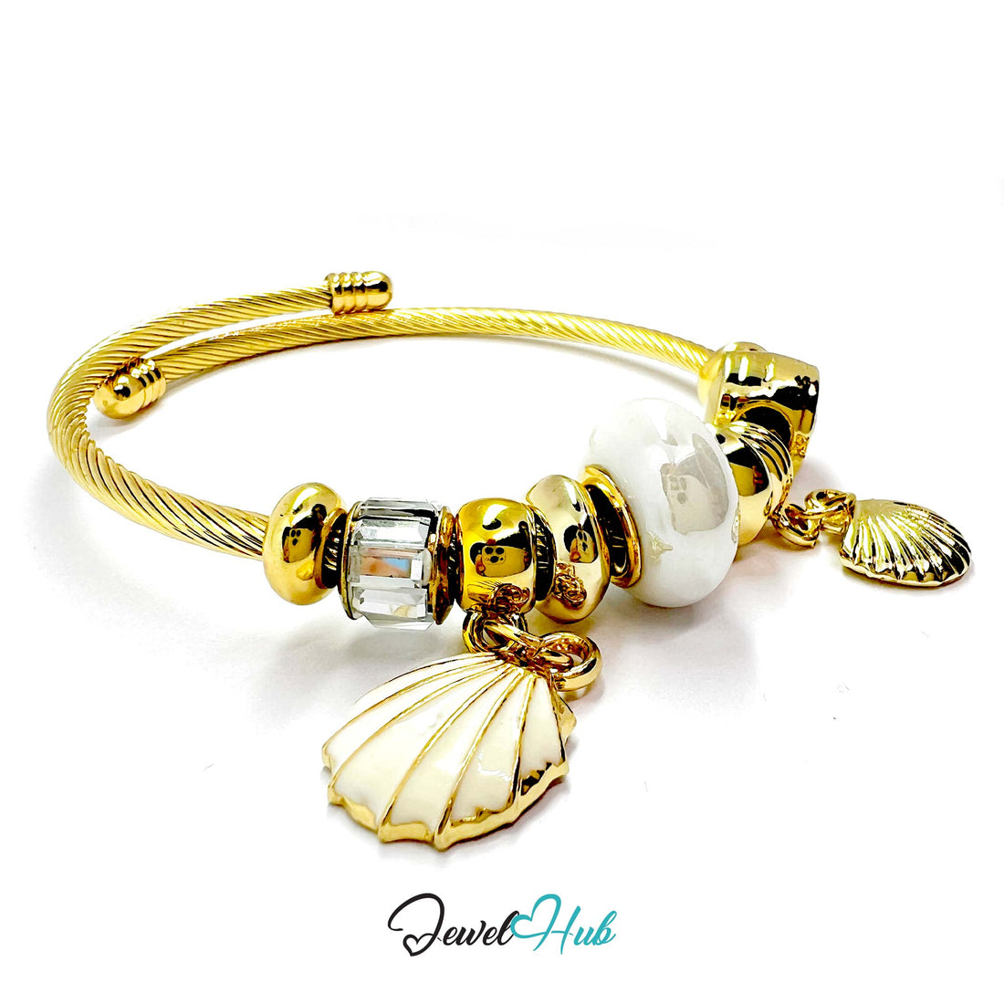Gold bracelet with shell and bead charms on a white background, branded 'Jewel Hub'.