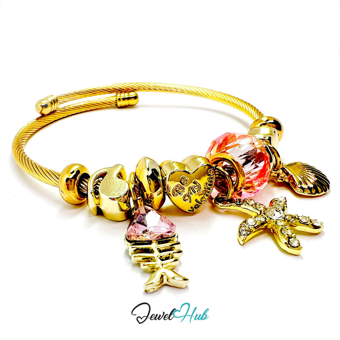 Gold bracelet with various charms on a white background, branded 'Jewel Hub'.