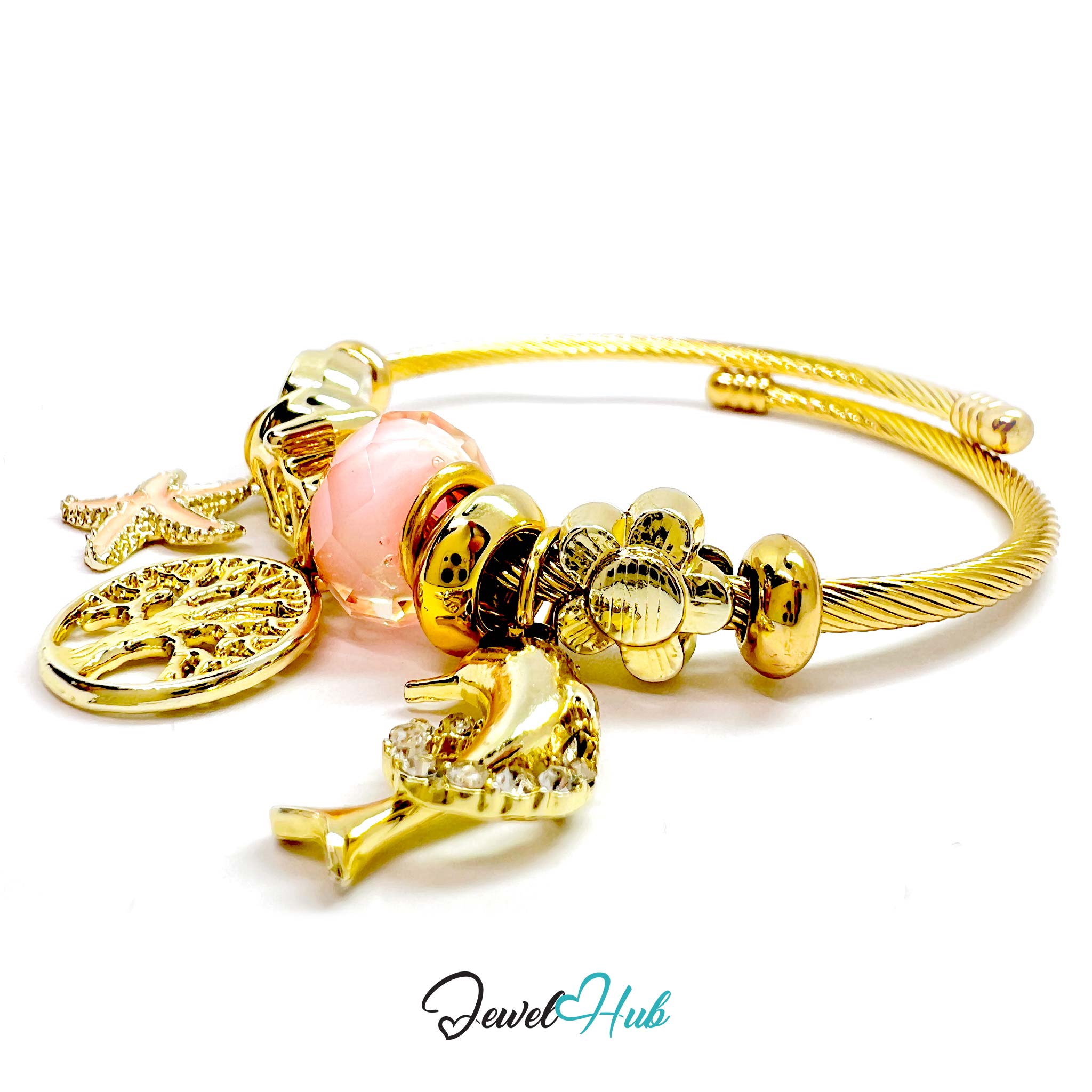 Gold bracelet with charms on a white background, branded 'Jewel Hub'.