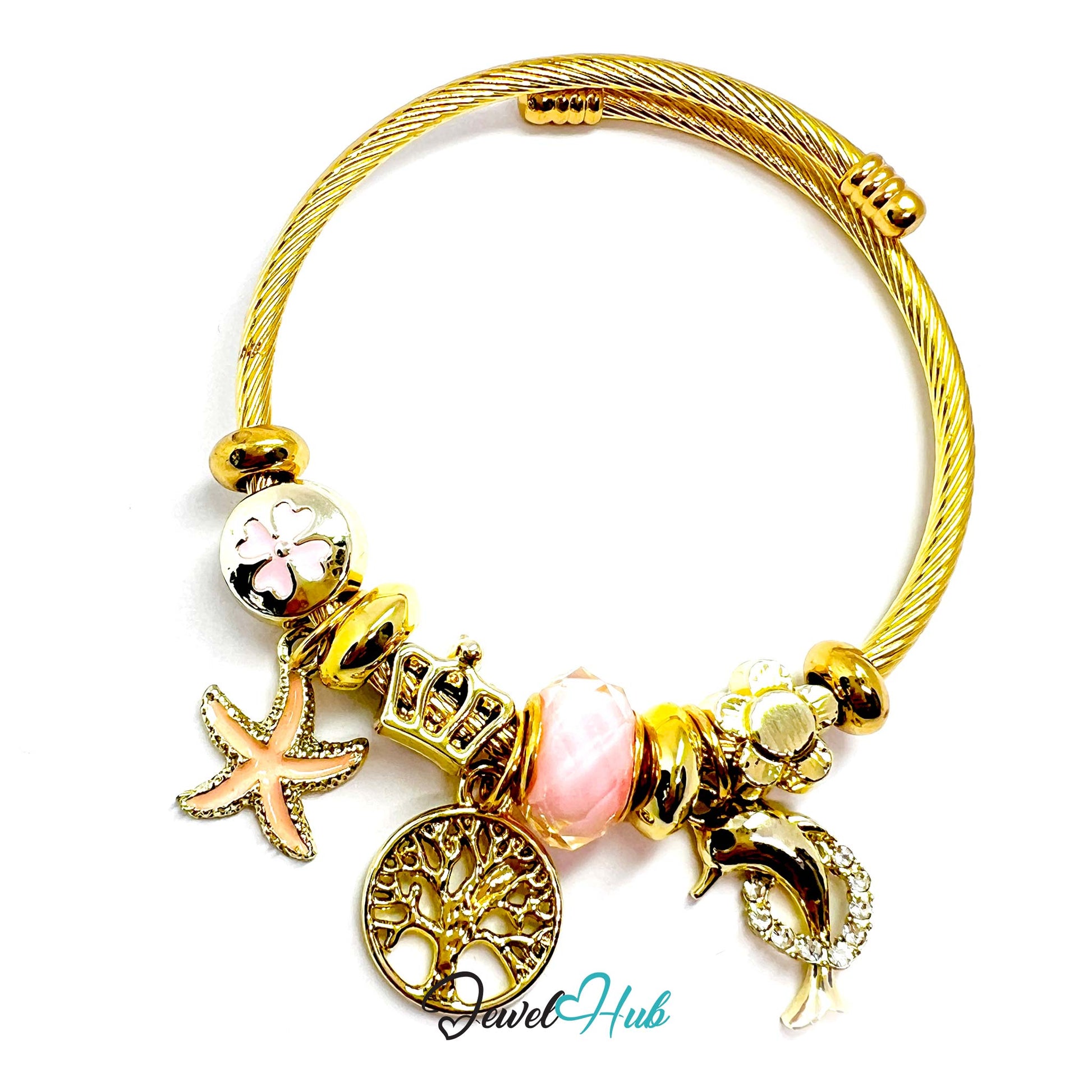 Gold bracelet with various charms on a white background, featuring the brand 'Jewel Hub'.
