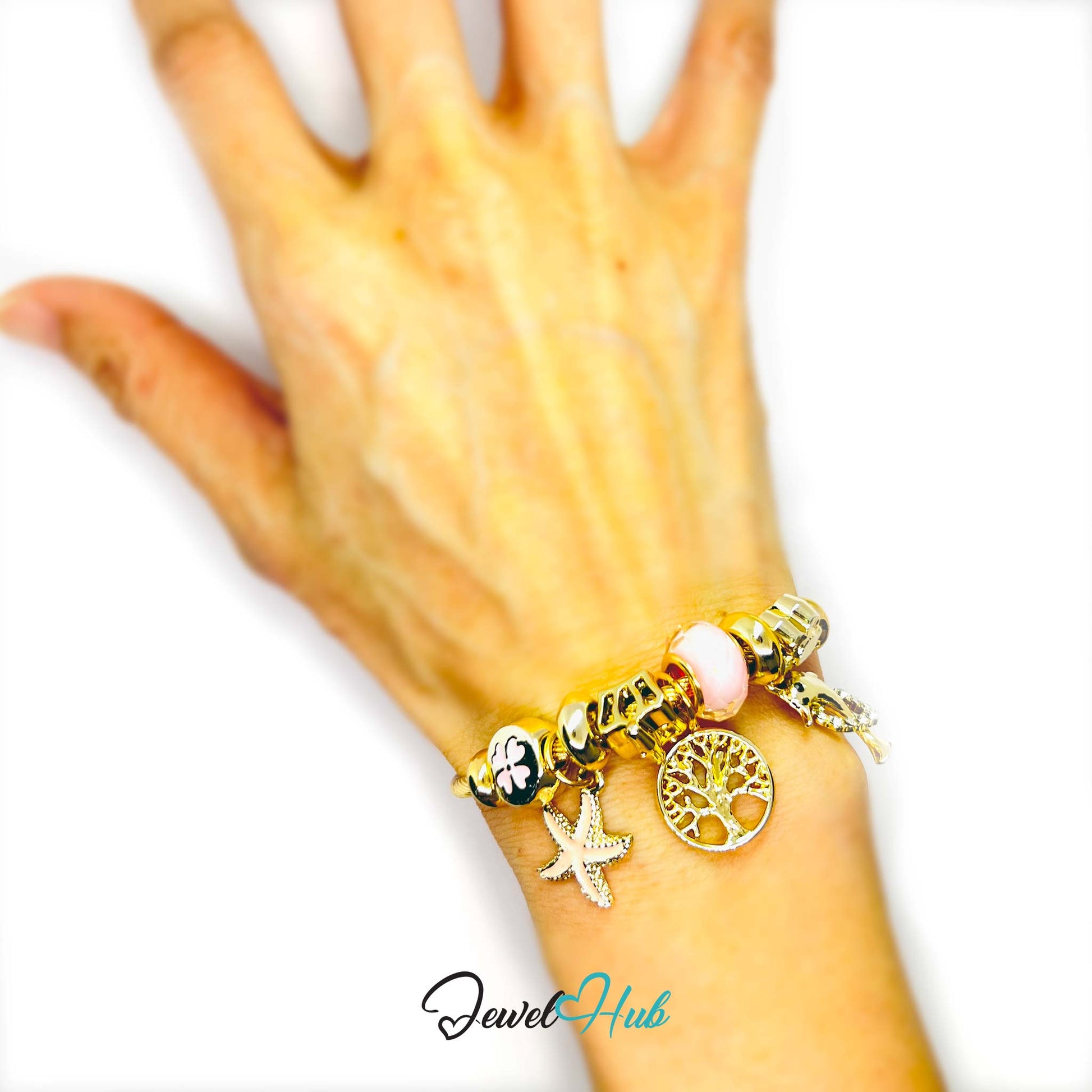 Hand wearing a gold bracelet with various charms on a white background, branded 'Jewel Hub'.