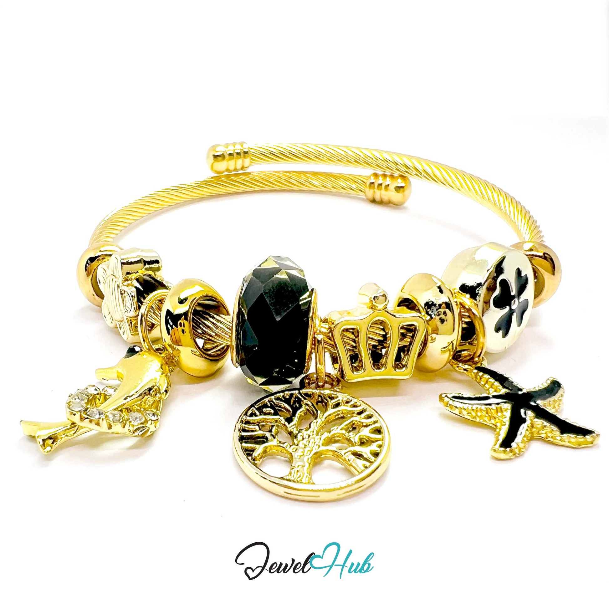 Gold bracelet with various charms on a white background, branded 'Jewel Hub'.