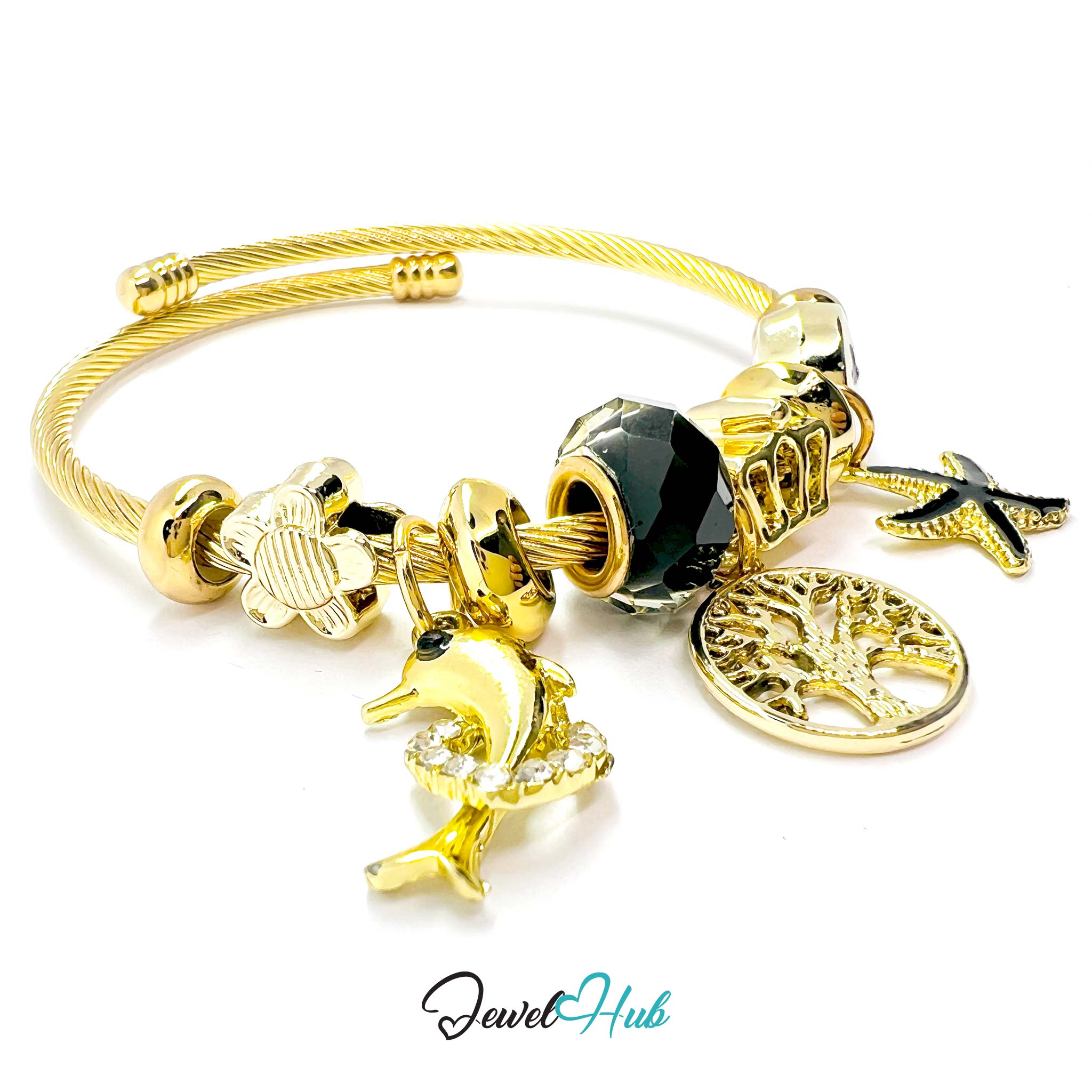 Gold bracelet with various charms on a white background, branded 'Jewel Hub'.