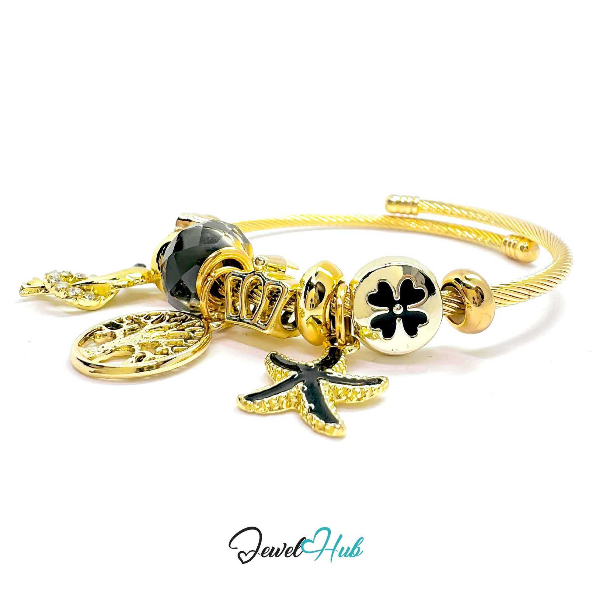 Gold bracelet with various charms on a white background, branded 'Jewel Hub'.