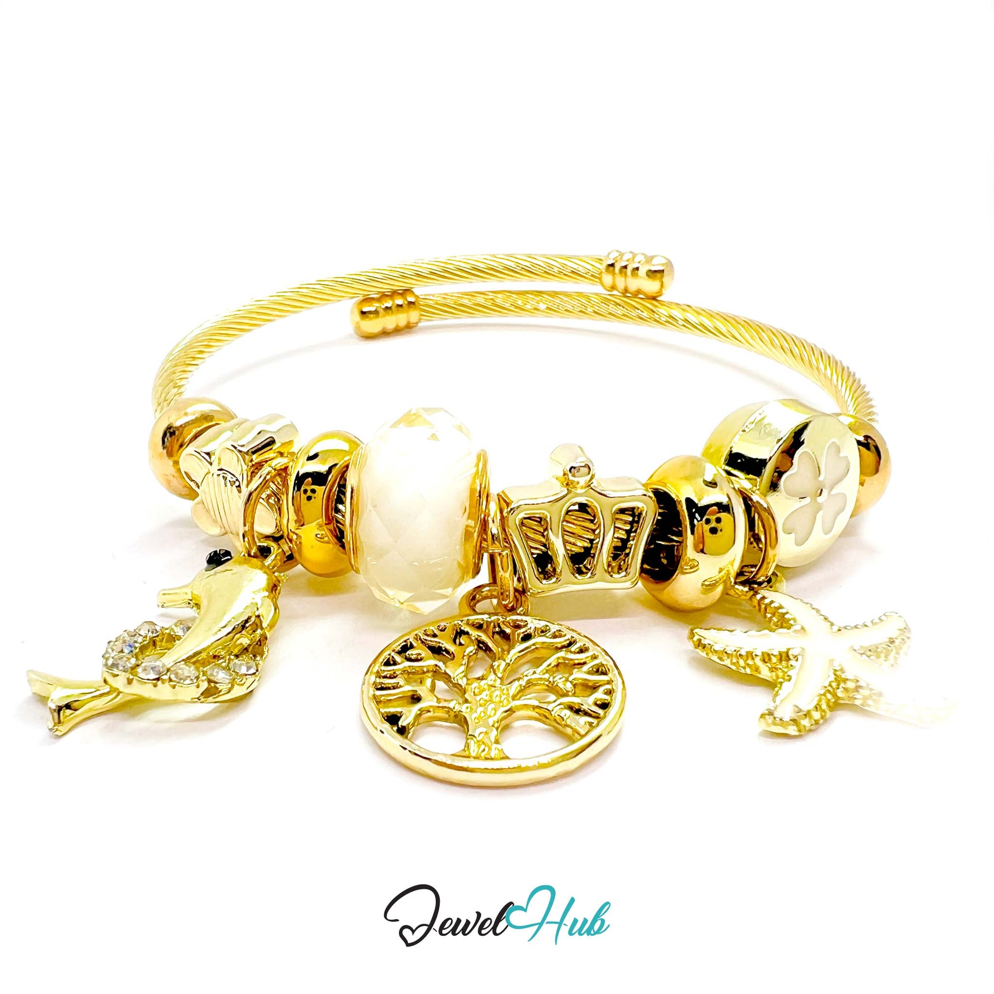 Gold bracelet with various charms on a white background, branded 'Jewel Hub'.