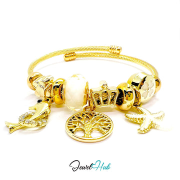 Gold bracelet with various charms on a white background, branded 'Jewel Hub'.