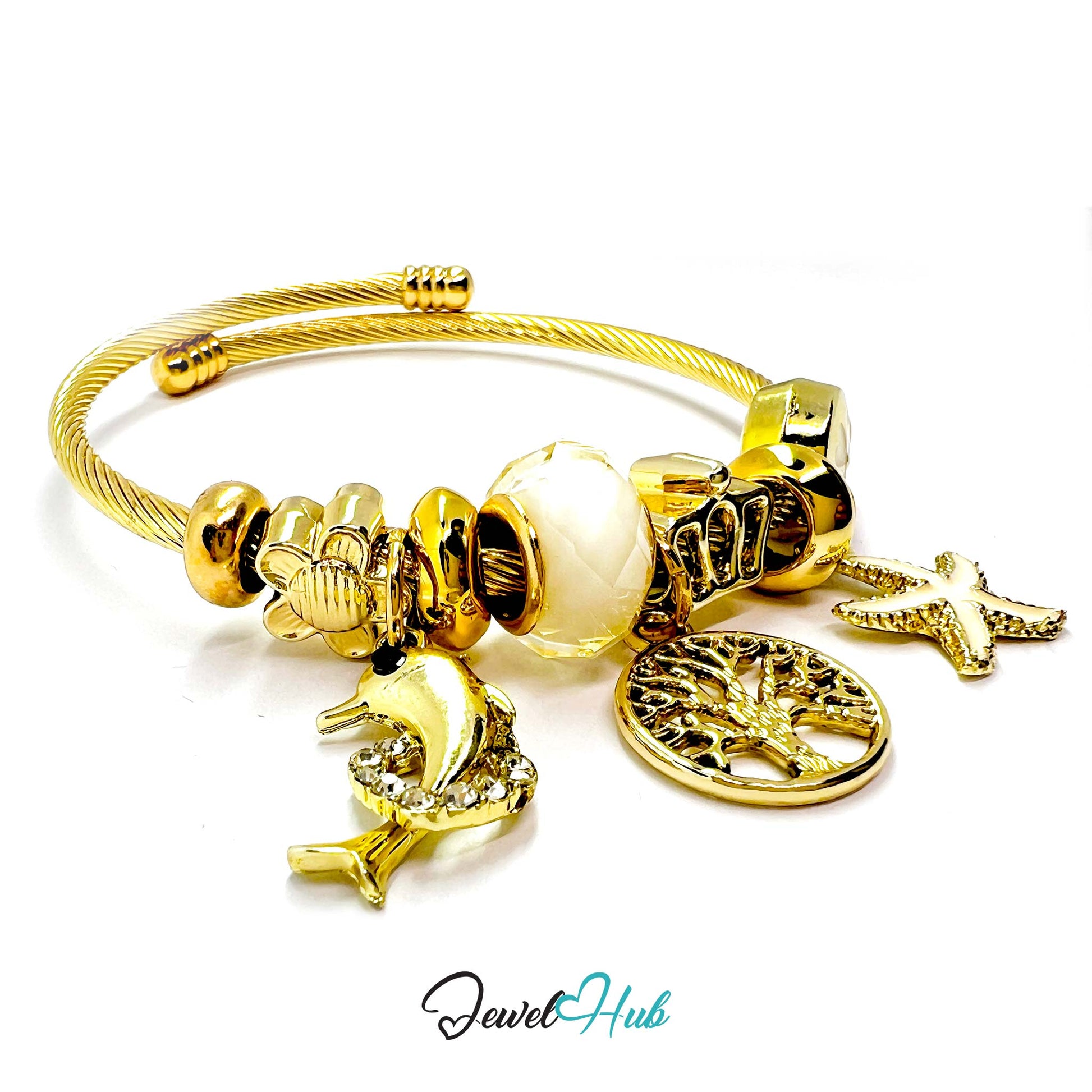 Gold bracelet with various charms on a white background, branded 'Jewel Hub'.