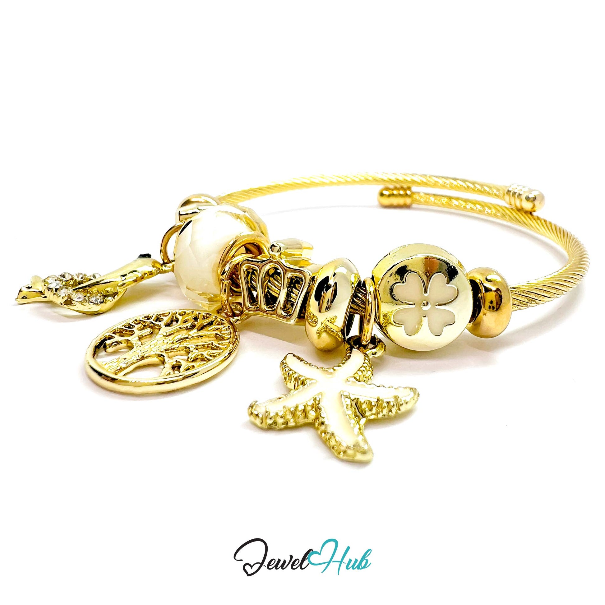 Gold bracelet with various charms on a white background, branded 'Jewel Hub'.