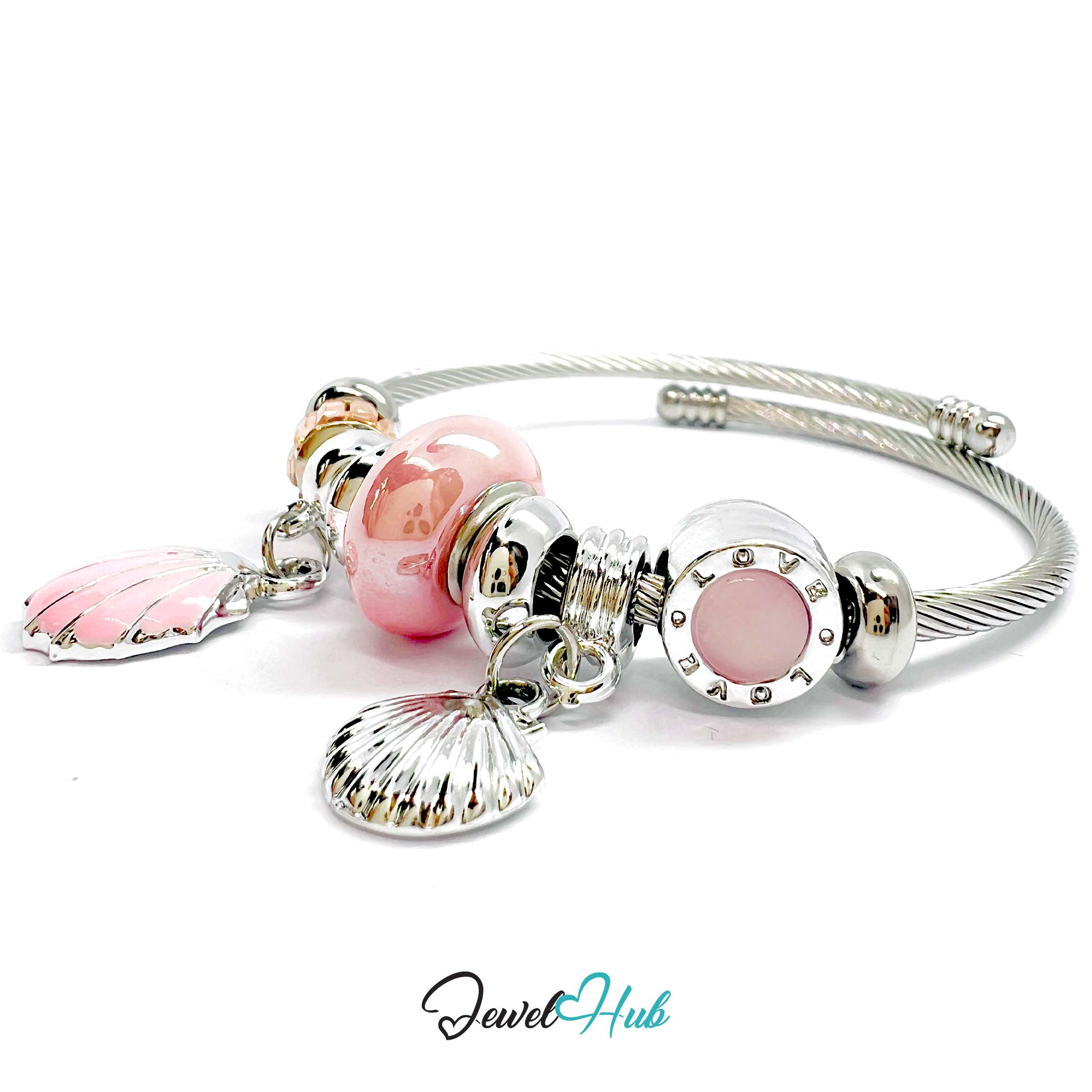 Silver bracelet with pink beads and charms on a white background, branded 'Jewel Hub'.