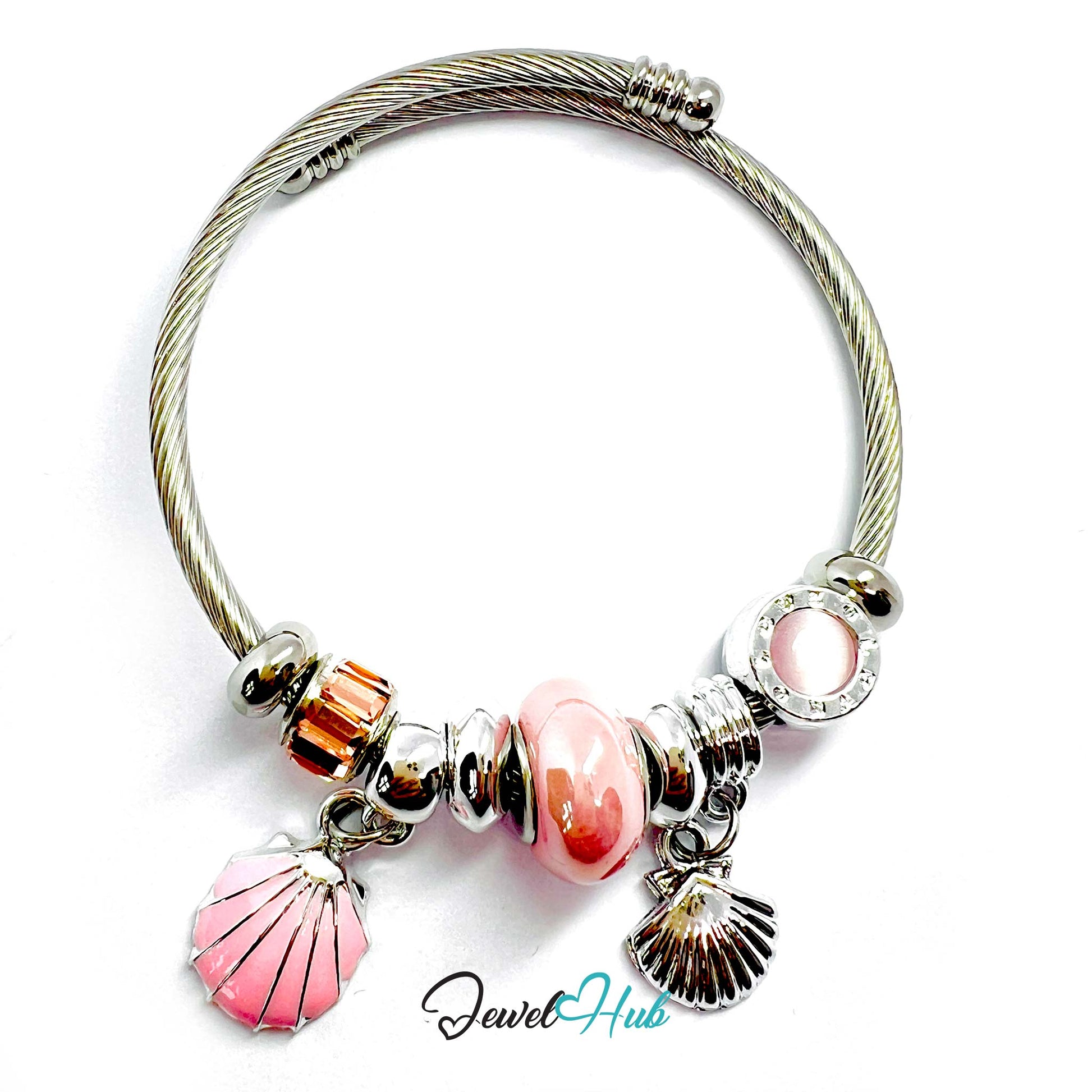 Bracelet with pink beads and shell charms on a white background, branded 'Jewel Hub'.