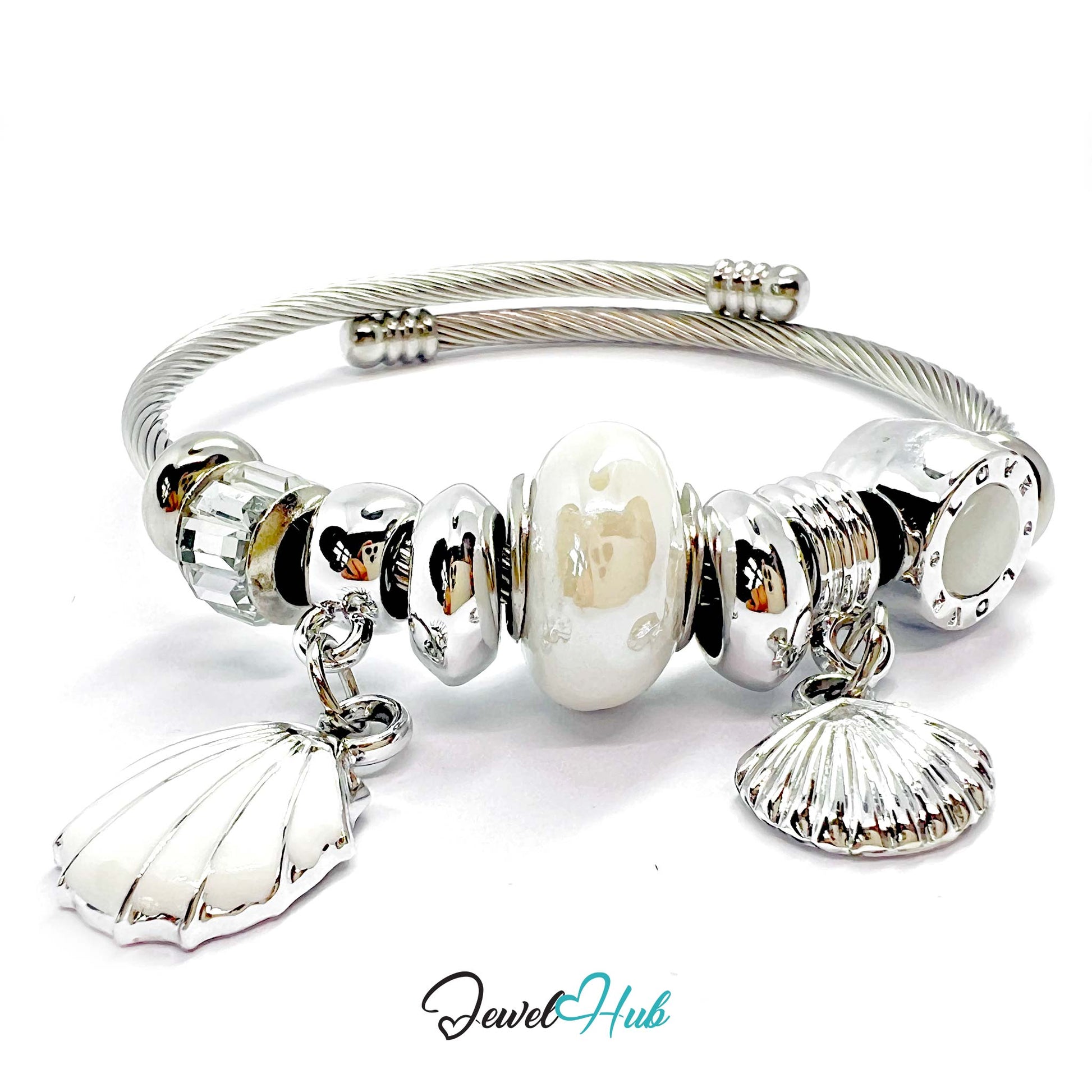 Silver bracelet with beads and charms on a white background, branded 'Jewel Hub'.