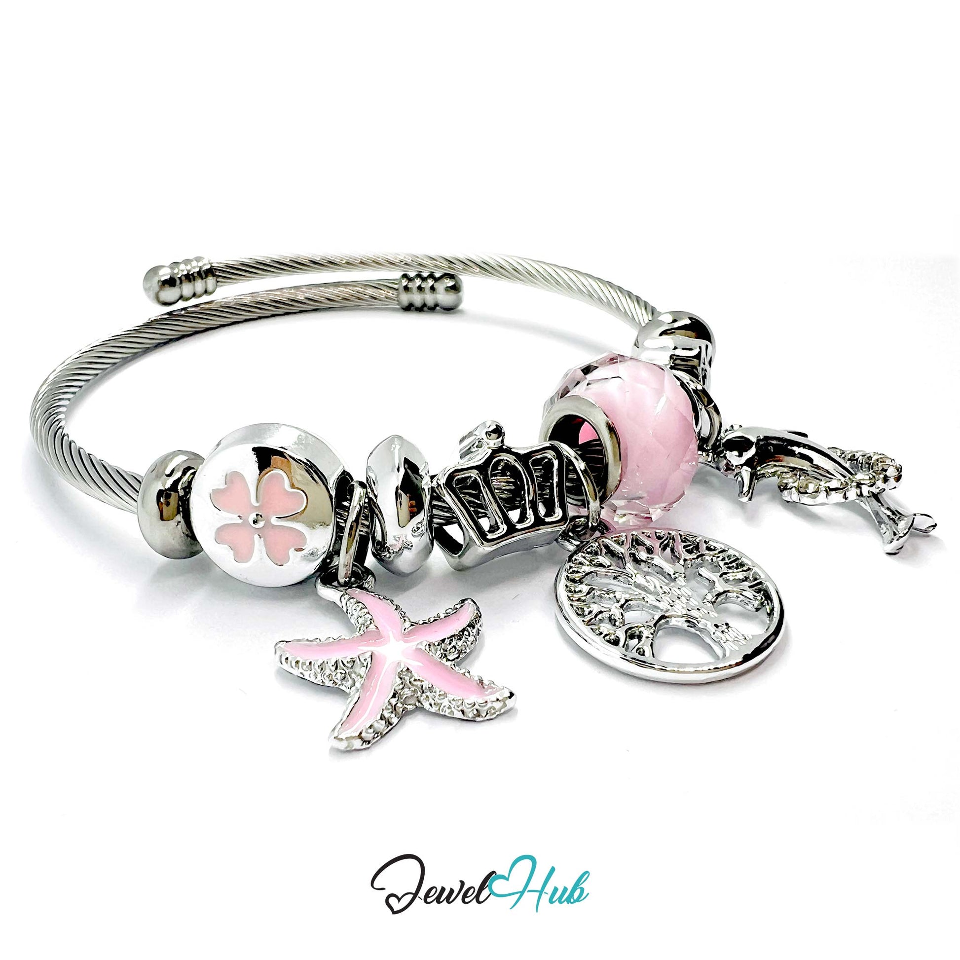 Silver bracelet with pink charms on a white background, branded 'Jewel Hub'.