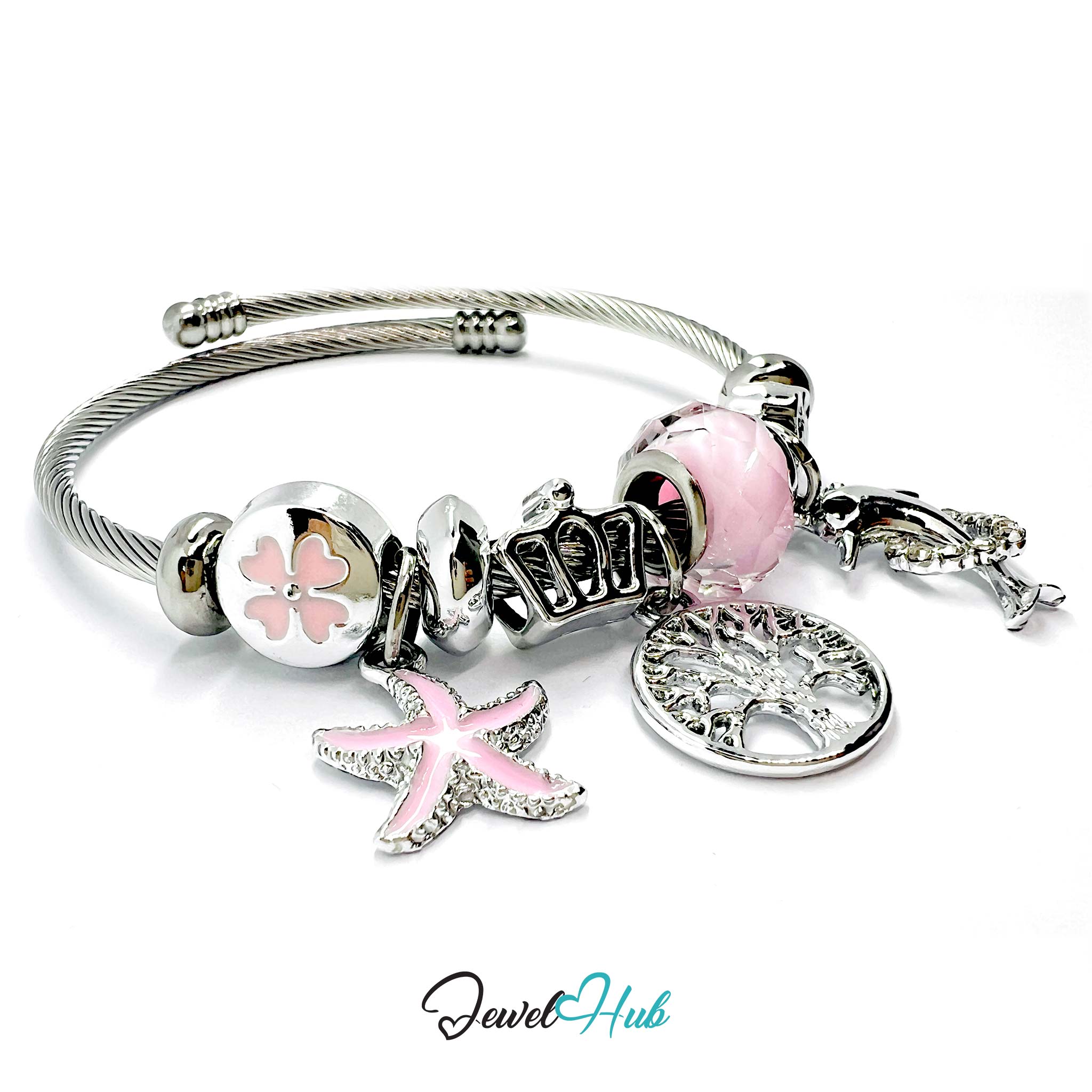 Silver bracelet with pink charms on a white background, branded 'Jewel Hub'.