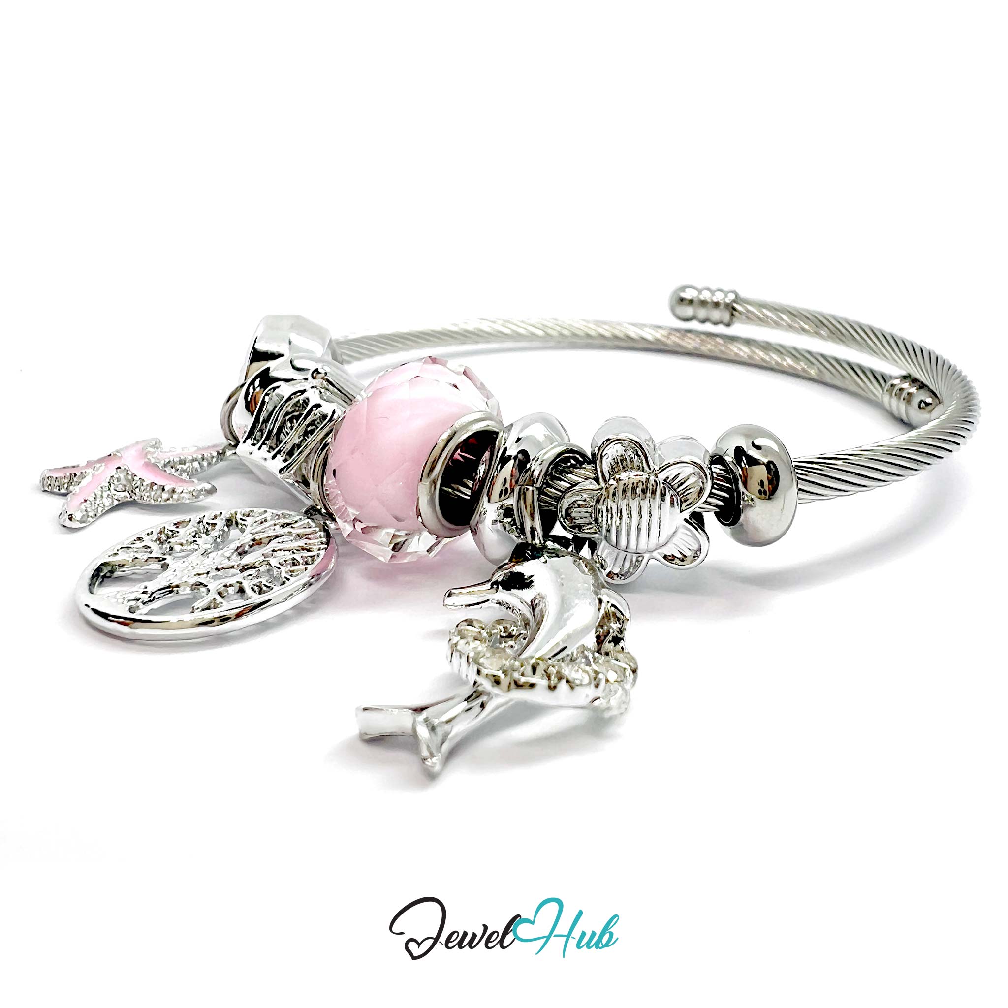 Silver bracelet with pink bead and charms on a white background, branded 'Jewel Hub'.