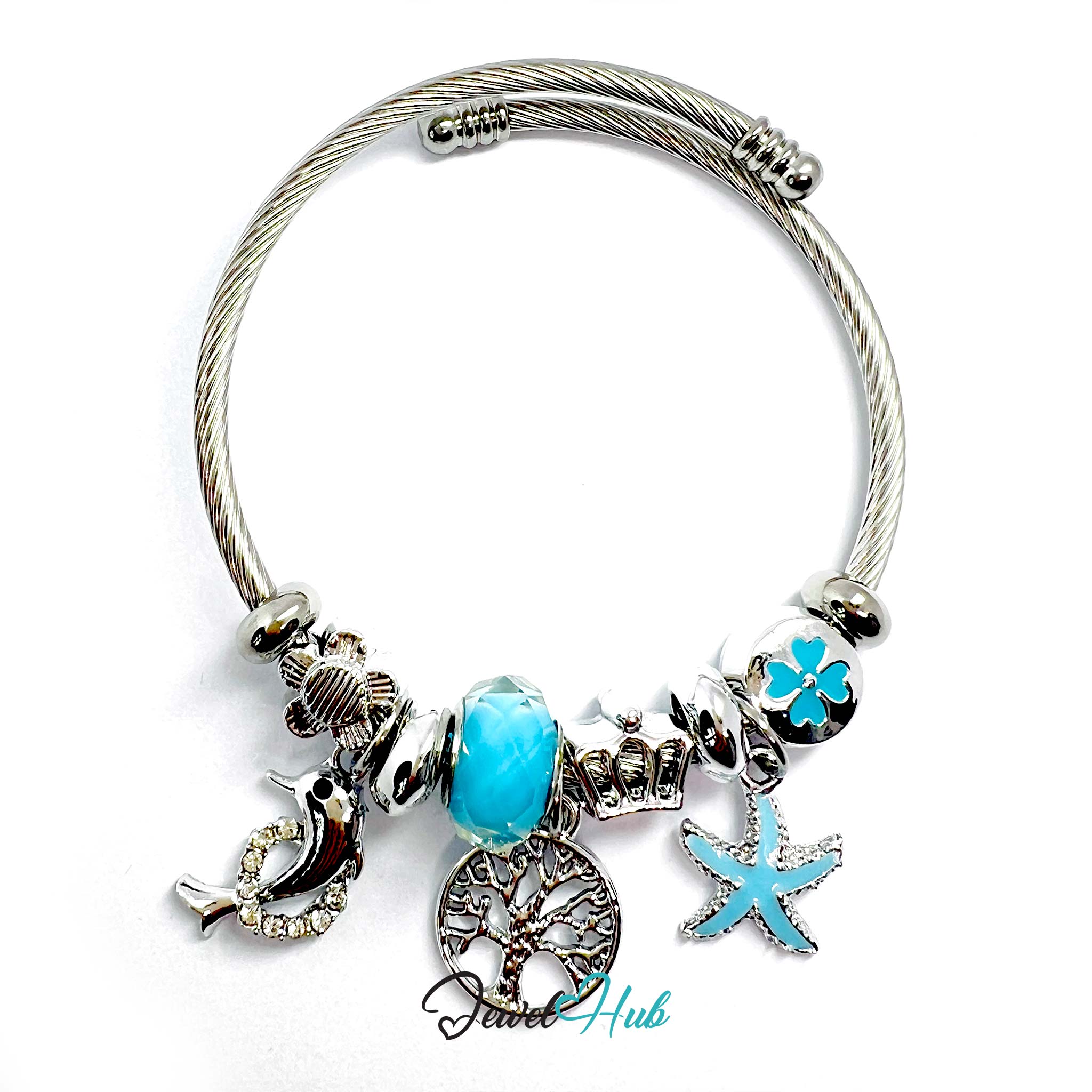 Silver bracelet with turquoise charms on a white background