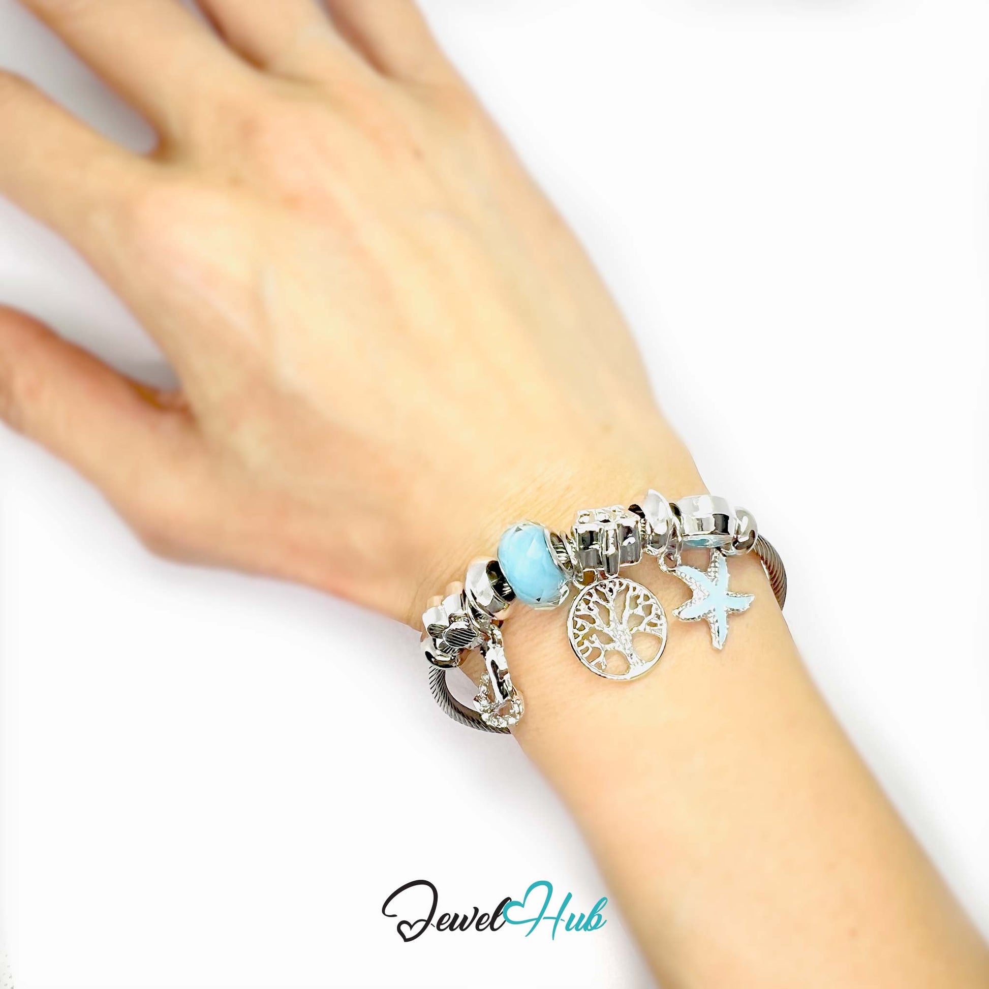 Bracelet with charms on a wrist against a white background, brand 'Jewel Hub' visible.