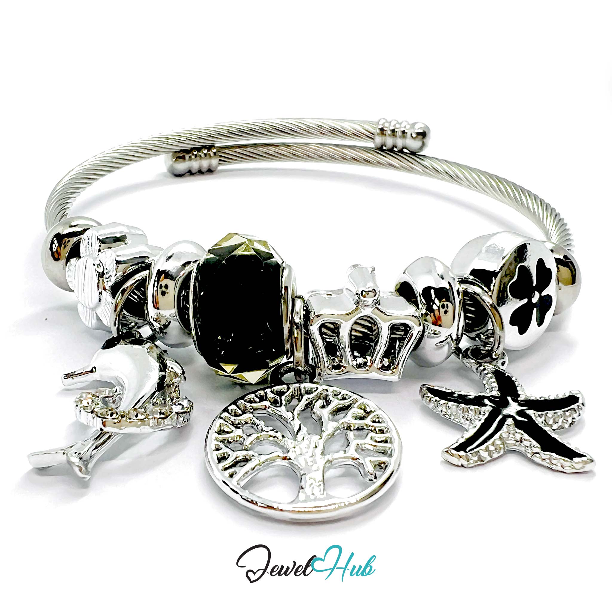 Silver bracelet with various charms on a white background, branded 'Jewel Hub'.