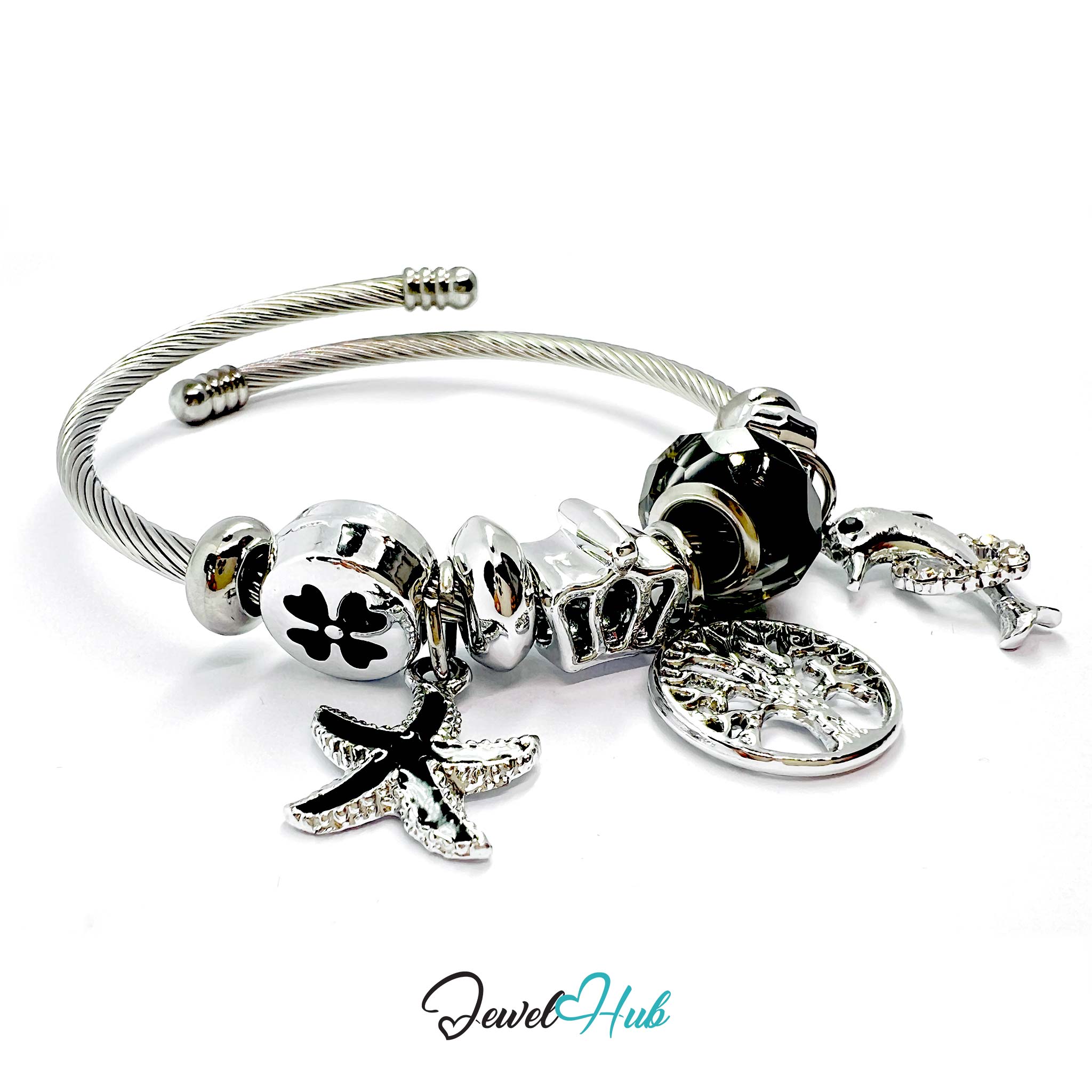 Silver bracelet with various charms on a white background, branded 'Jewel Hub'.