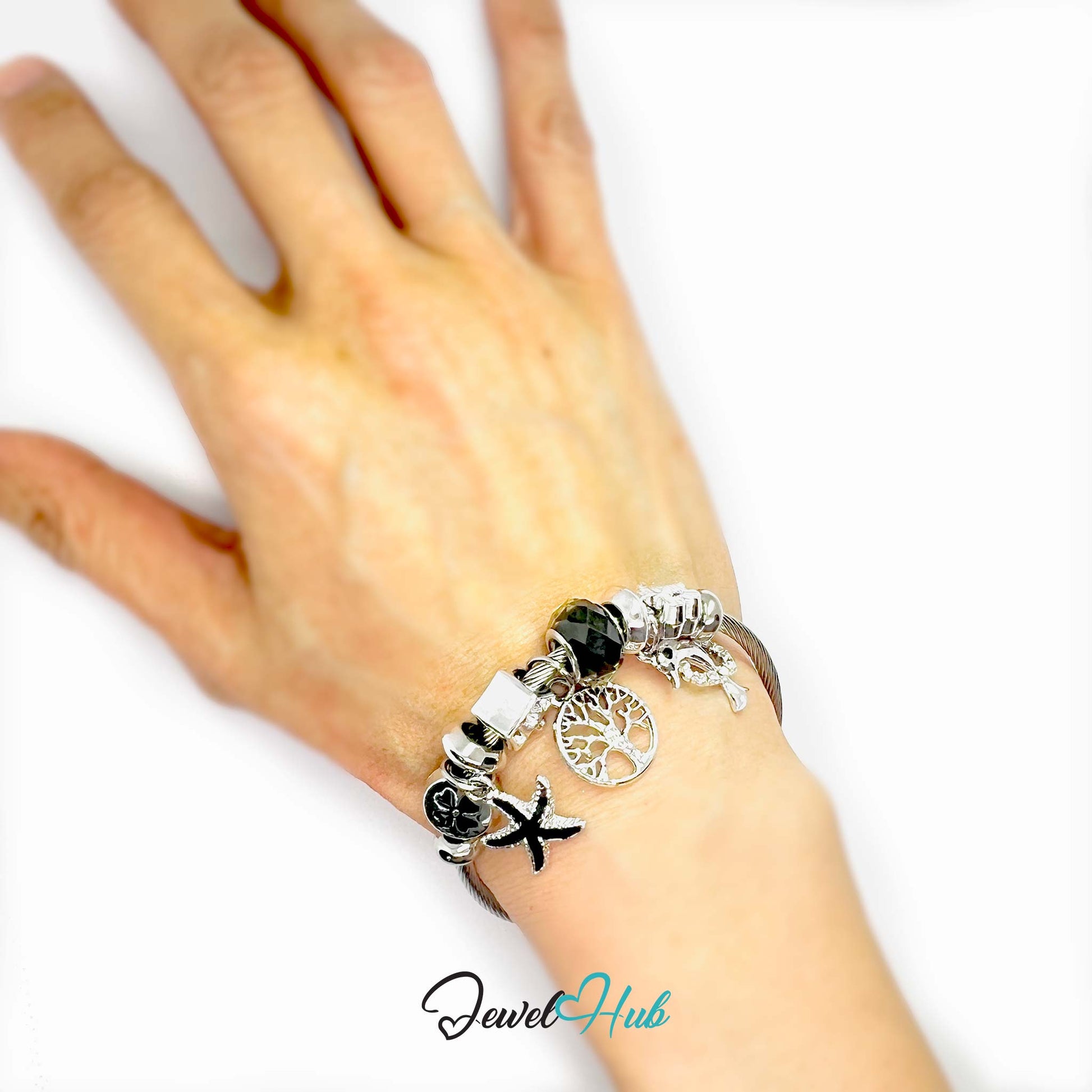 Hand wearing a bracelet with charms on a white background, brand 'Jewel Hub' visible.