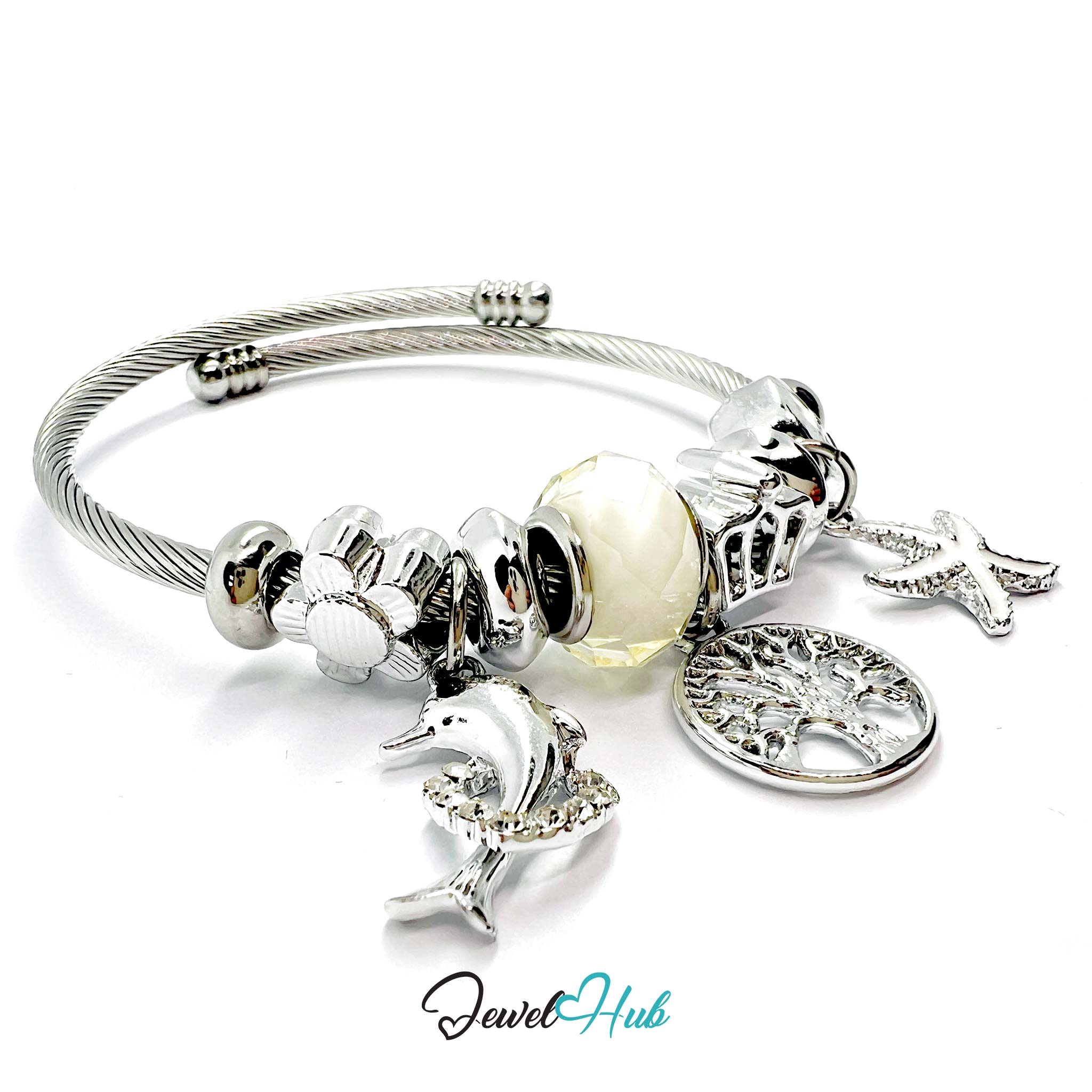 Silver bracelet with various charms on a white background, branded 'Jewel Hub'.