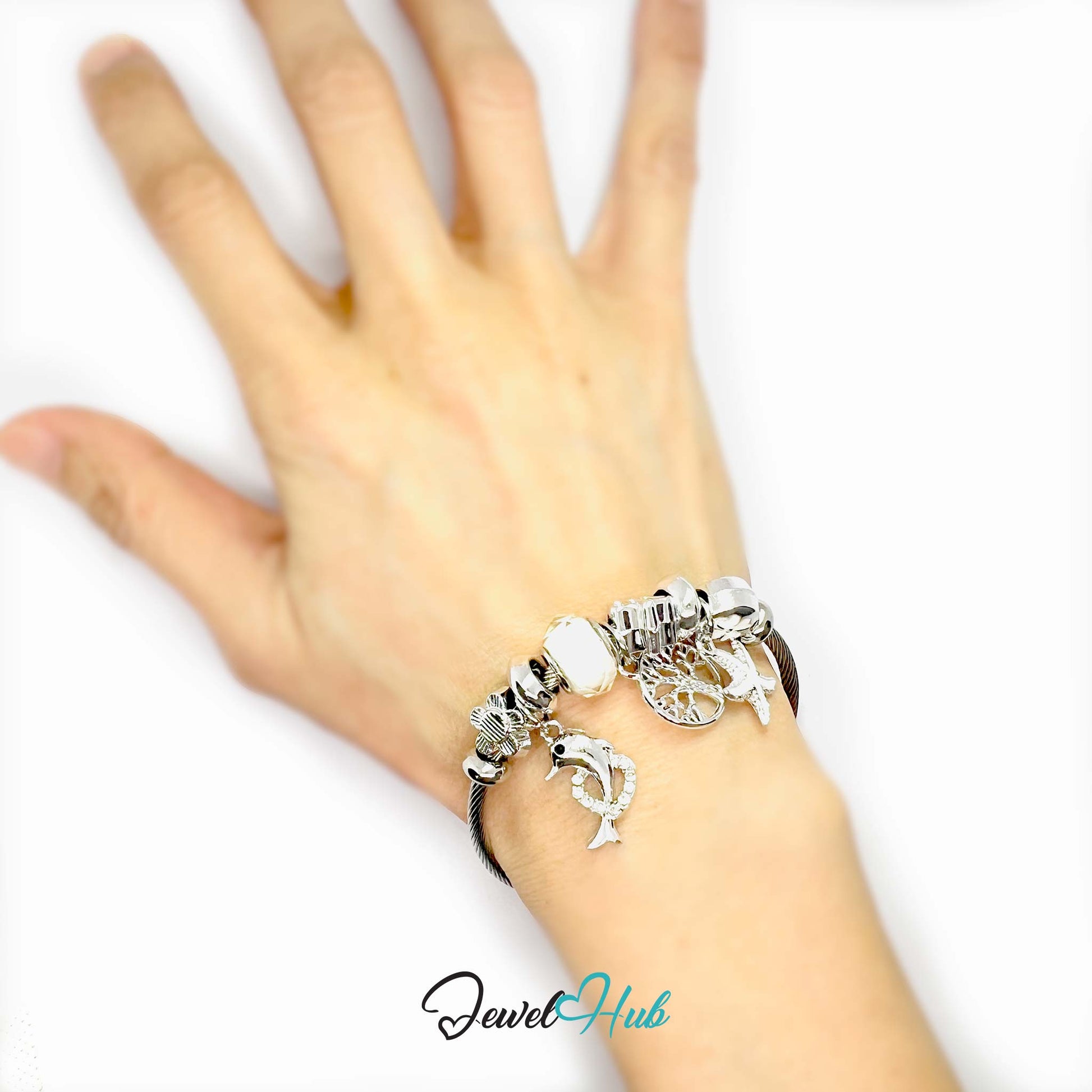Hand wearing a silver bracelet with charms on a white background, brand 'Jewel Hub' visible.