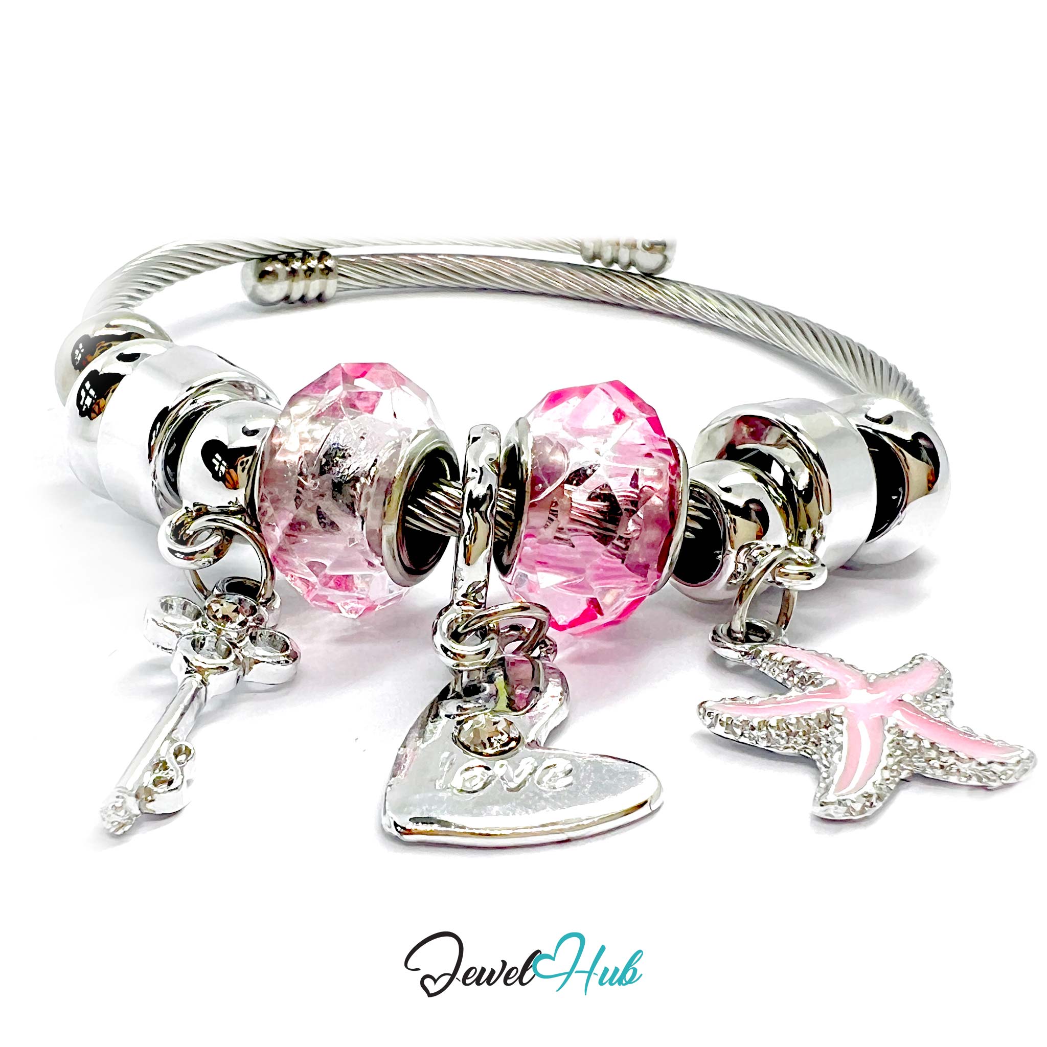 Silver bracelet with pink beads and charms on a white background, featuring the brand 'Jewel Hub'.