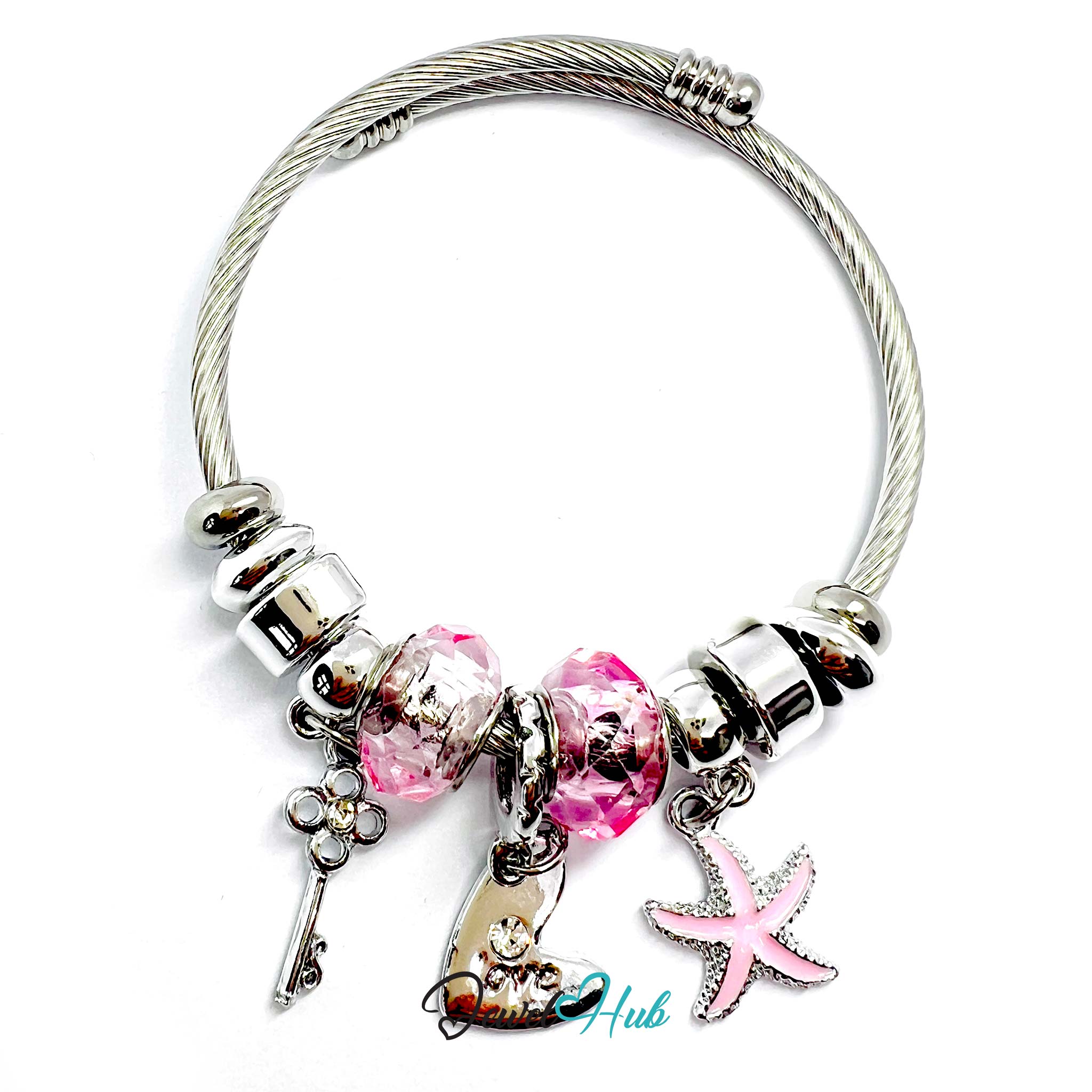 Silver bracelet with pink beads and charms on a white background