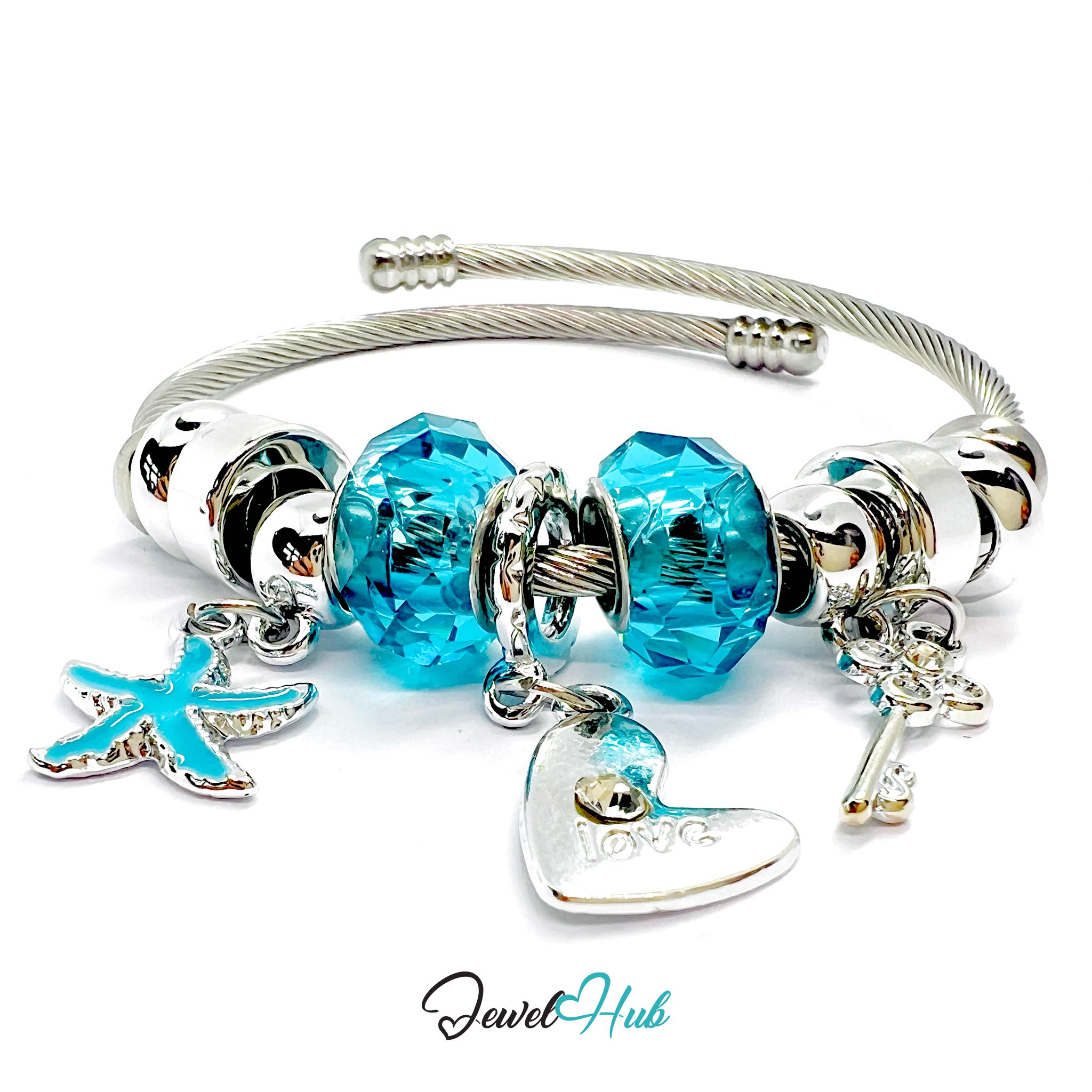 Silver bracelet with blue beads and charms on a white background, branded 'Jewel Hub'.